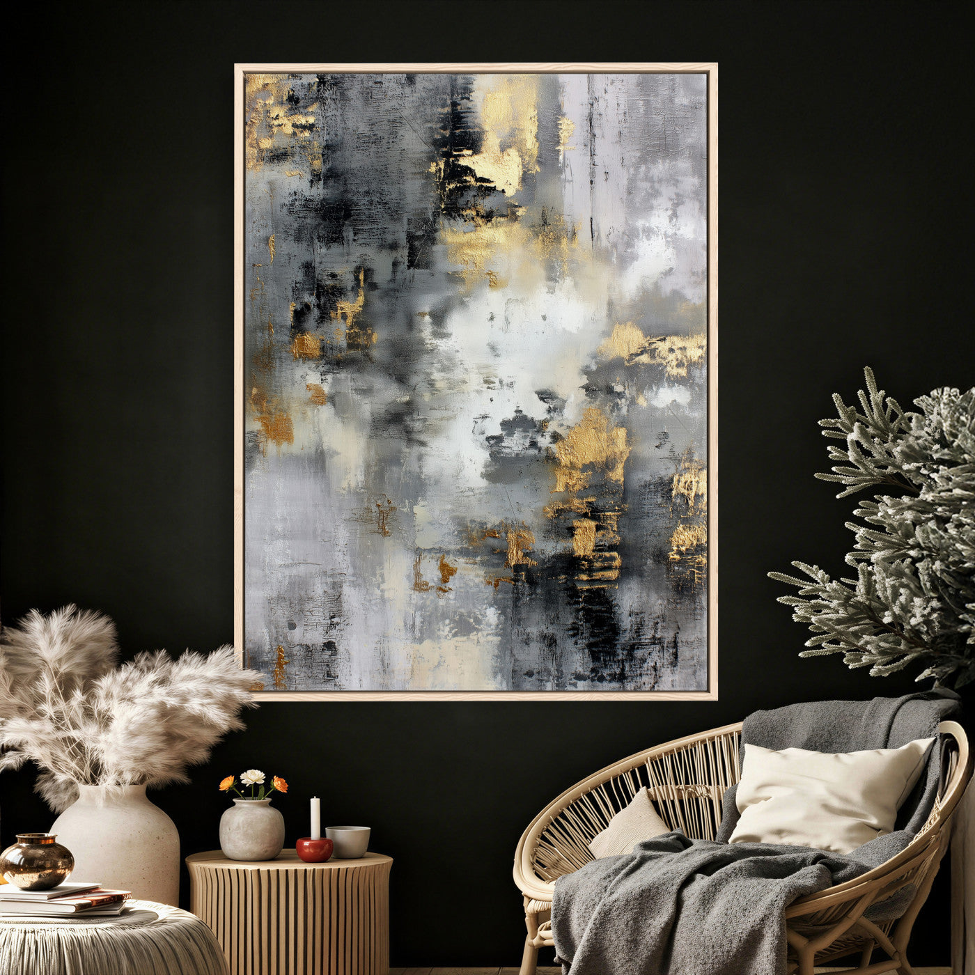 381262454543-MGV-CV-24X36 - Gray Gold Abstract Wall Art Canvas Print, Textured Modern Canvas Print, Minimalist Contemporary Artwork for Living Room Decor