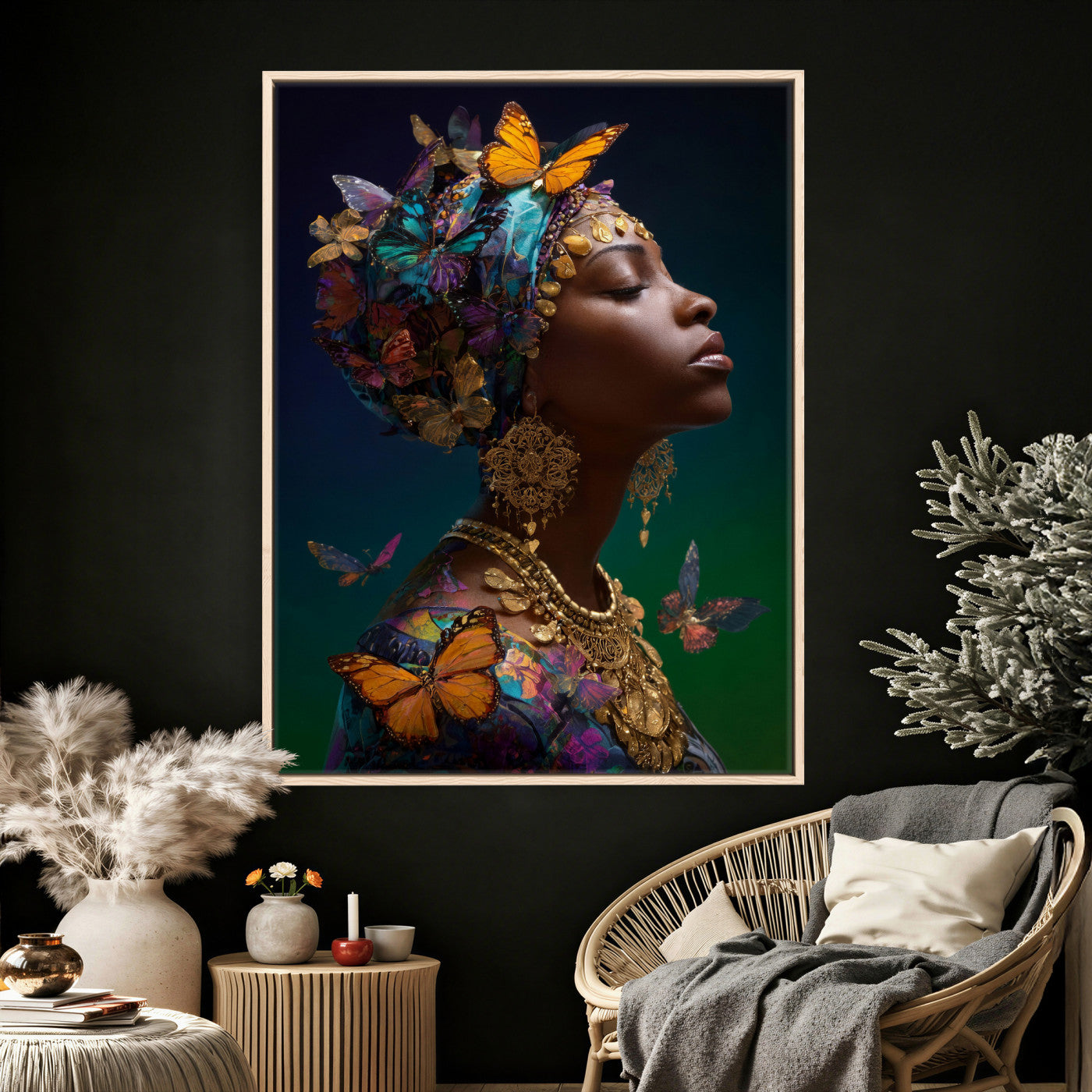 620930SZC0-MGV-CV-24X36 - Butterfly Crown Gold Woman Portrait — Monarch Queen Canvas Print | Teal Dark Fantasy Art | Boho Bedroom Wall Decor | Empowerment Gift Her