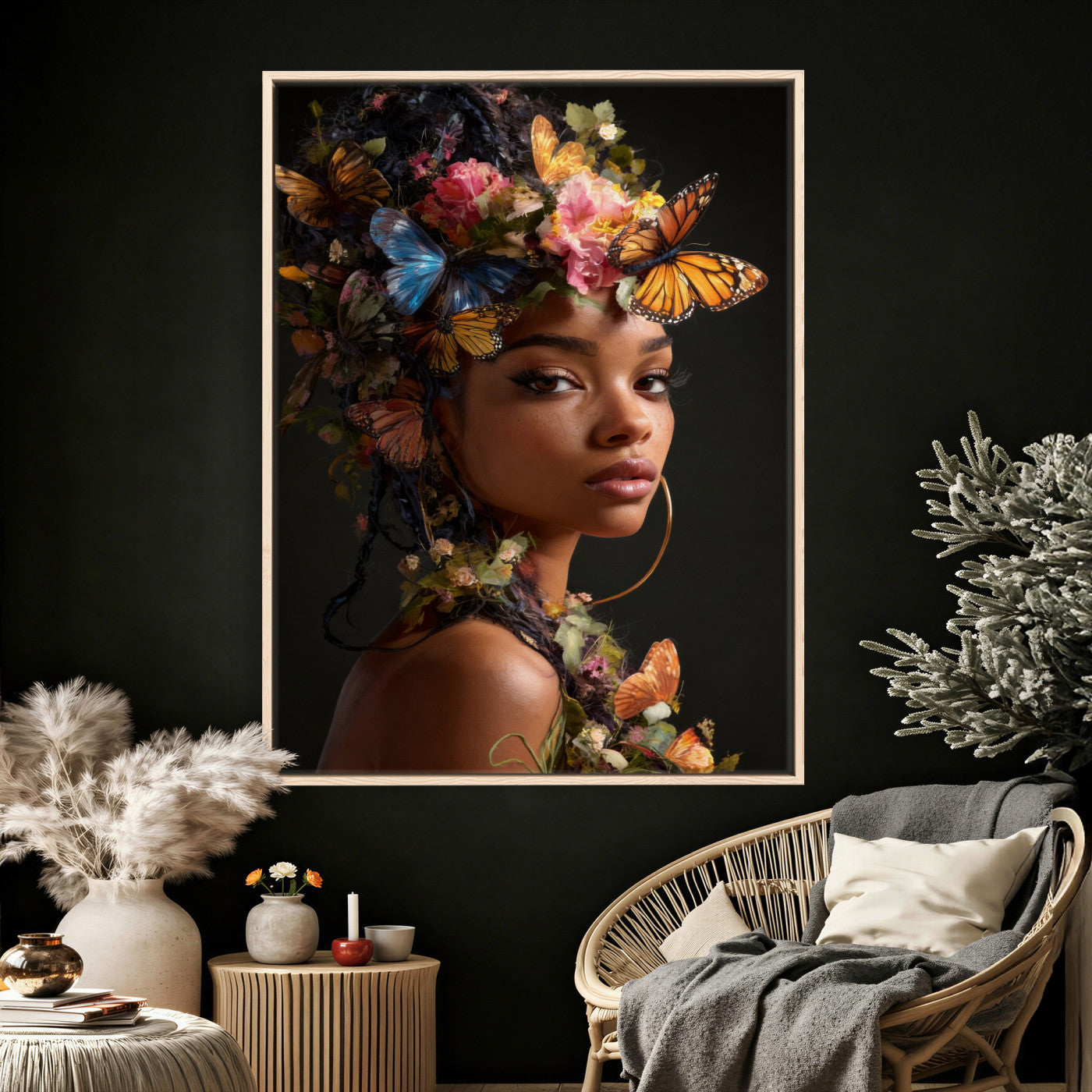 620930SZC10-MGV-CV-24X36 - Butterfly Crown Gold Woman Portrait — Monarch Queen Canvas Print | Teal Dark Fantasy Art | Boho Bedroom Wall Decor | Empowerment Gift Her