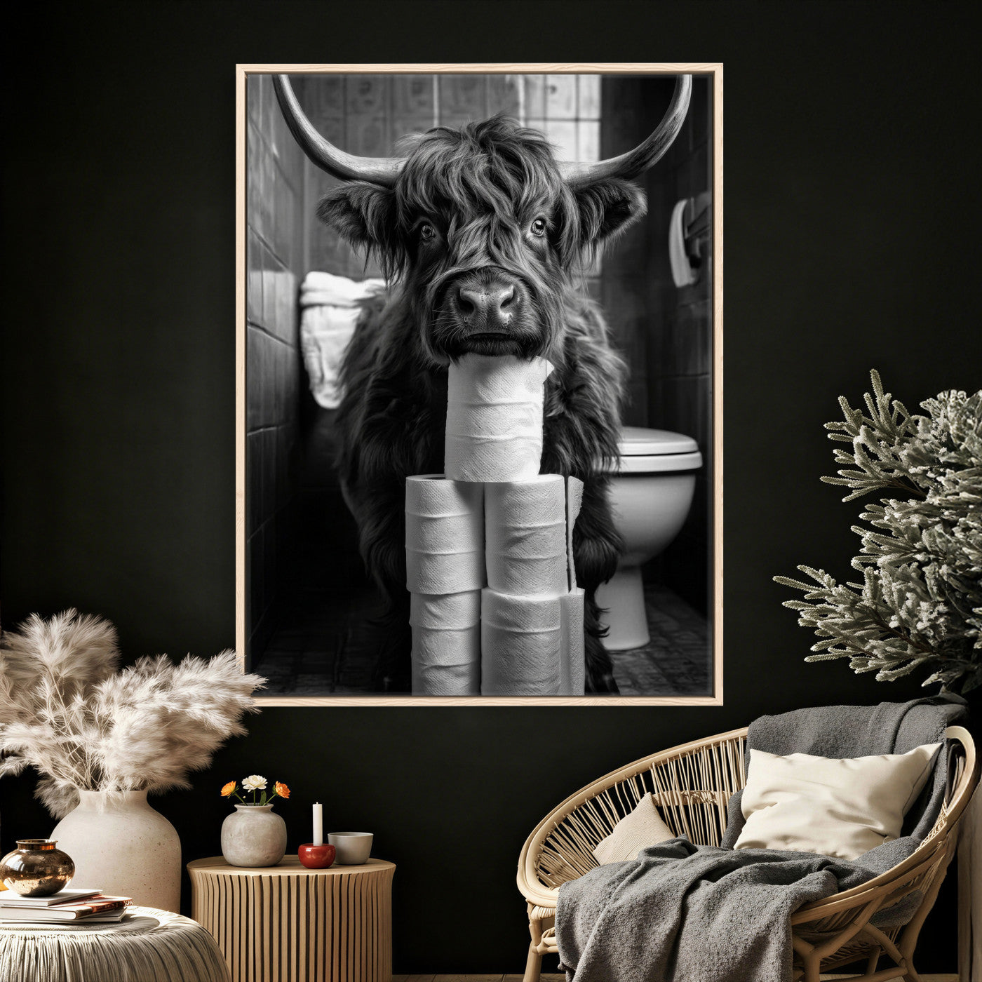 95909209-MGV-CV-24X36 - Highland Cow Toilet Paper Canvas Wall Art, Funny Bathroom Black White Print, Cute Animal Humor Decor, Quirky Farmhouse Bathroom Art, Cow Lover Gift