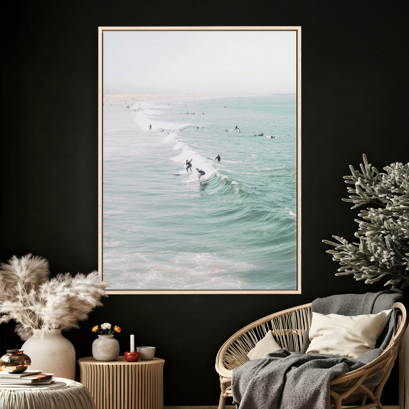 58043762-MGV-CV-24X36 - Surfers on Waves Canvas Wall Art, Aerial Ocean Photography Print, Mint Green Surf Decor, California Beach House Art, Coastal Sports Wall Decor