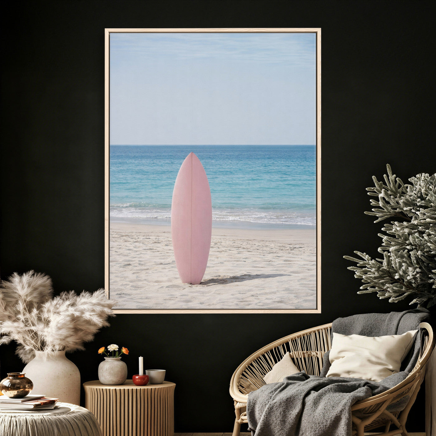 17265103-MGV-CV-24X36 - Pink Surfboard Canvas Wall Art, Minimalist Beach Photography Print, Pastel Ocean Coastal Decor, Girl Beach Room Art, Aesthetic Summer Wall Print