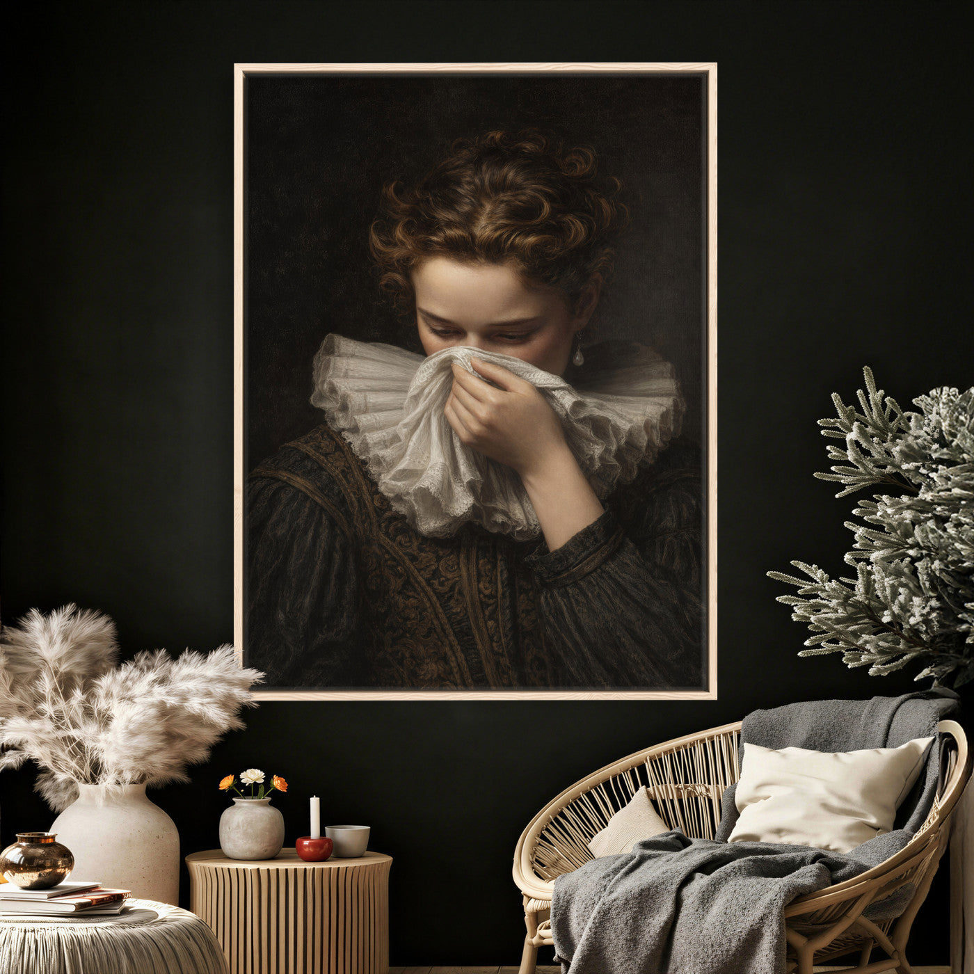 62652430-MGV-CV-24X36 - Baroque Portrait Canvas Wall Art, Flemish Woman with Lace Collar Print for Bathroom Wall Art, Funny Toilet Decor, Renaissance Style Portrait, Moody Vintage Wall Art