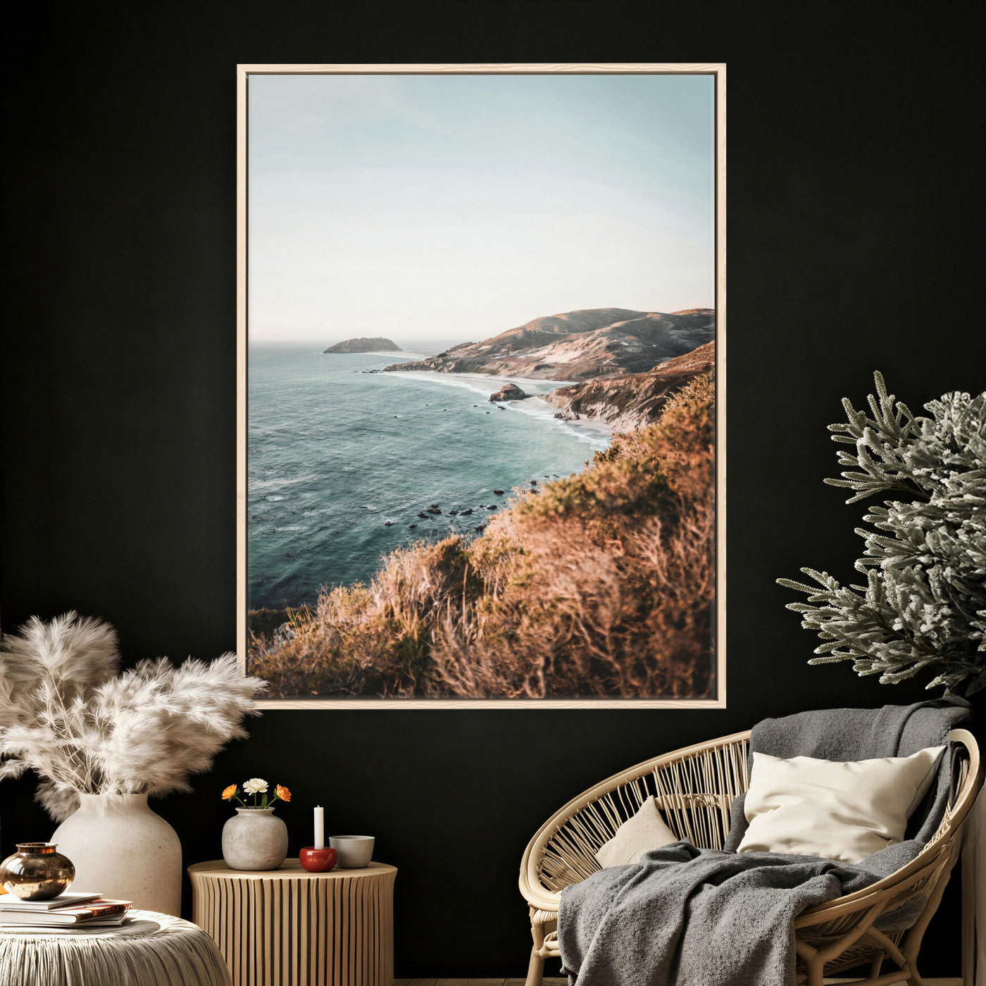 58099801-MGV-CV-24X36 - Coastal Cliffs Canvas Wall Art, Ocean Shoreline Photography Print, Teal Sea Landscape Decor, California Coast Art, Boho Beach House Wall Decor