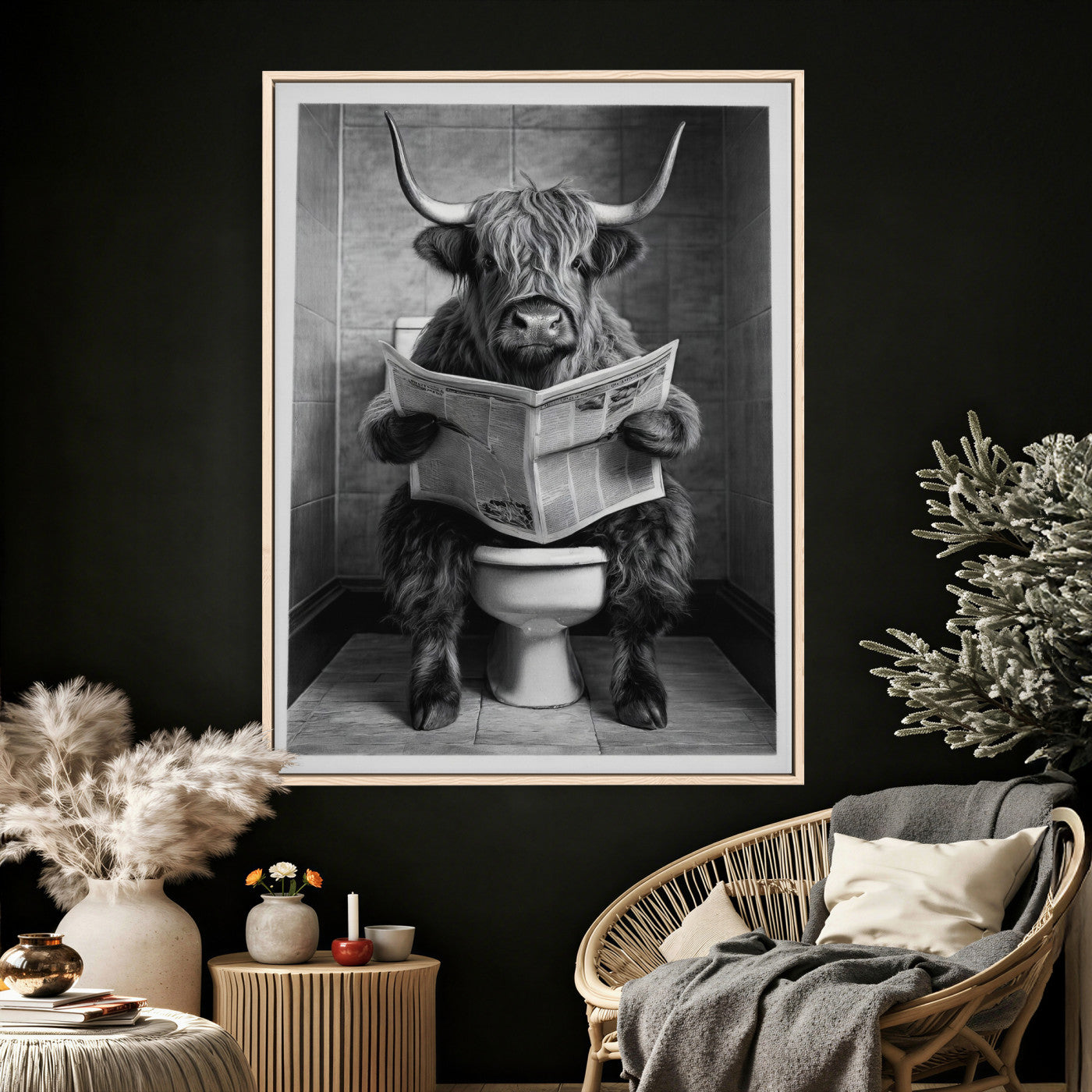56930218-MGV-CV-24X36 - Funny Bathroom Canvas Wall Art, Texas Longhorn on Toilet Reading Newspaper, Humor Animal Print, Farmhouse Bathroom Decor, Quirky Cow Gift, Toilet Room Art