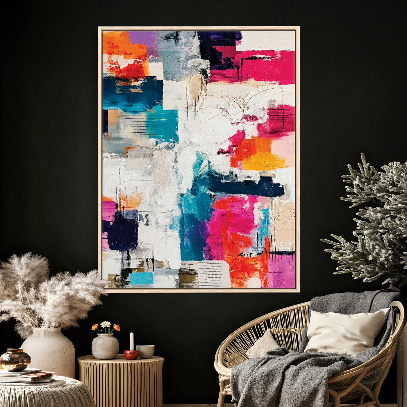 83175929-MGV-CV-24X36 - Blue Teal Abstract Canvas Wall Art Print - Modern Textured Painting Print, Navy Orange White Contemporary Art, Neutral Living Room Decor, Office Art