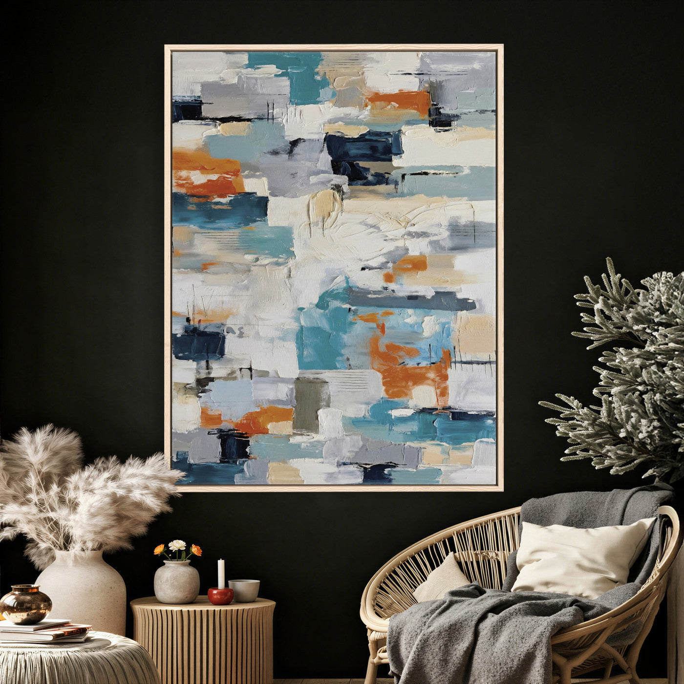 74742966-MGV-CV-24X36 - Blue Teal Abstract Canvas Wall Art, Modern Textured Painting Print, Navy Orange White Contemporary Art, Neutral Living Room Decor, Office Art