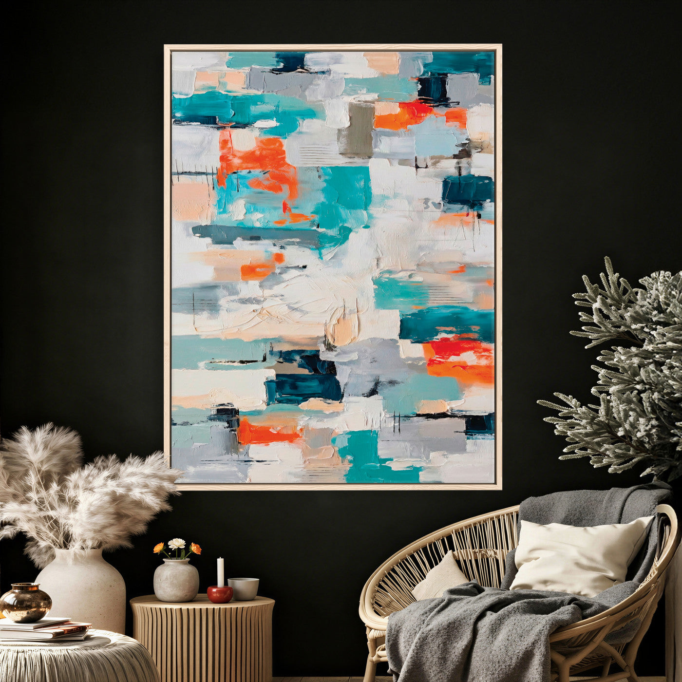 74742966-MGV-CV-24X36 - Blue Teal Abstract Canvas Wall Art - Modern Textured Painting Print, Navy Orange White Contemporary Art, Neutral Living Room Decor, Office Art