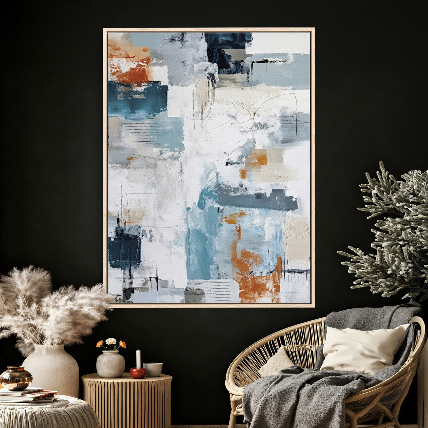 47011485-MGV-CV-24X36 - Blue Teal Abstract Canvas Wall Art, Modern Textured Painting Print, Navy Orange White Contemporary Art, Neutral Living Room Decor, Office Art