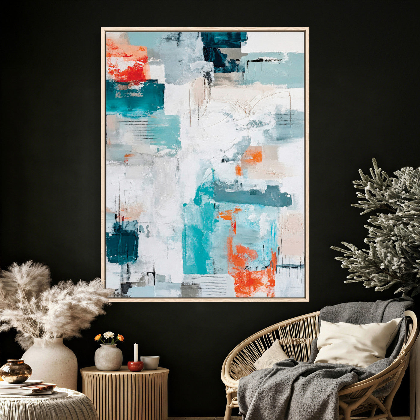 47011485-MGV-CV-24X36 - Blue Teal Abstract Canvas Wall Art, Modern Textured Painting Print, Navy Orange White Contemporary Art, Neutral Living Room Decor, Office Art