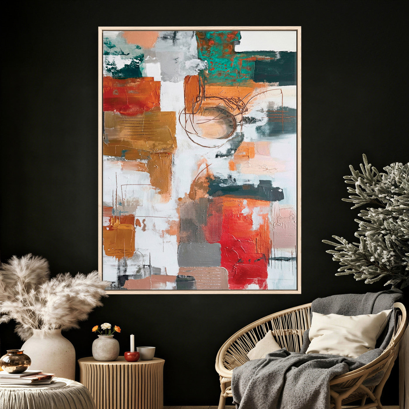 71530836-MGV-CV-24X36 - Blue Teal Abstract Canvas Wall Art | Modern Textured Painting Print, Navy Orange White Contemporary Art, Neutral Living Room Decor, Office Art