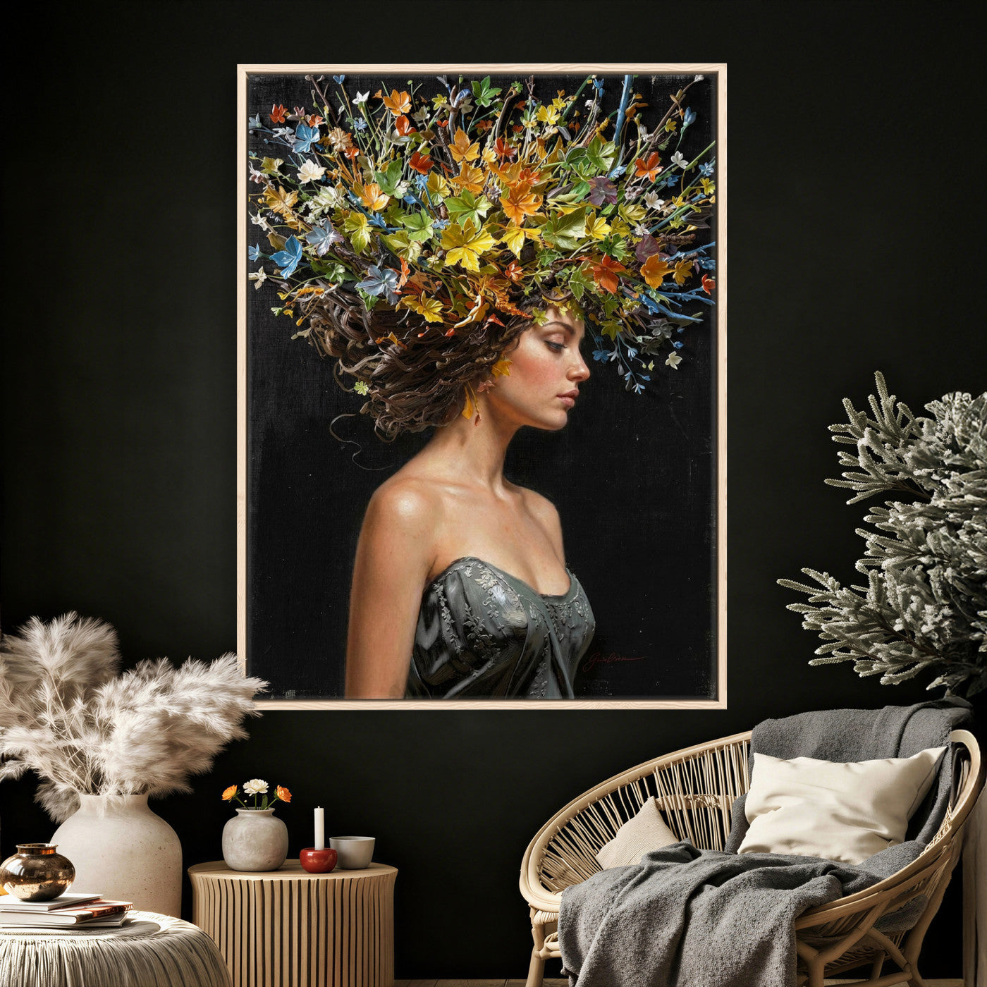 67932423-MGV-CV-24X36 - Surreal Woman Floral Canvas Wall Art Goddess Portrait Oil Painting Print