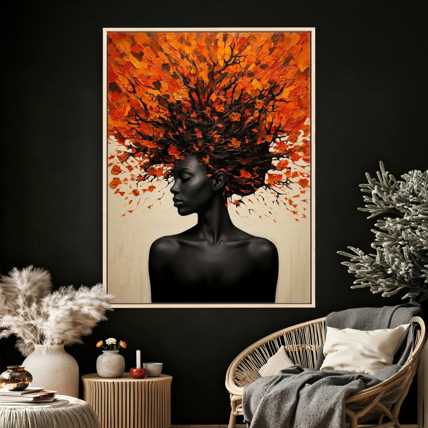 99995103-MGV-CV-24X36 - Black Woman Autumn Tree Canvas Wall Art Surreal African Portrait Painting Print