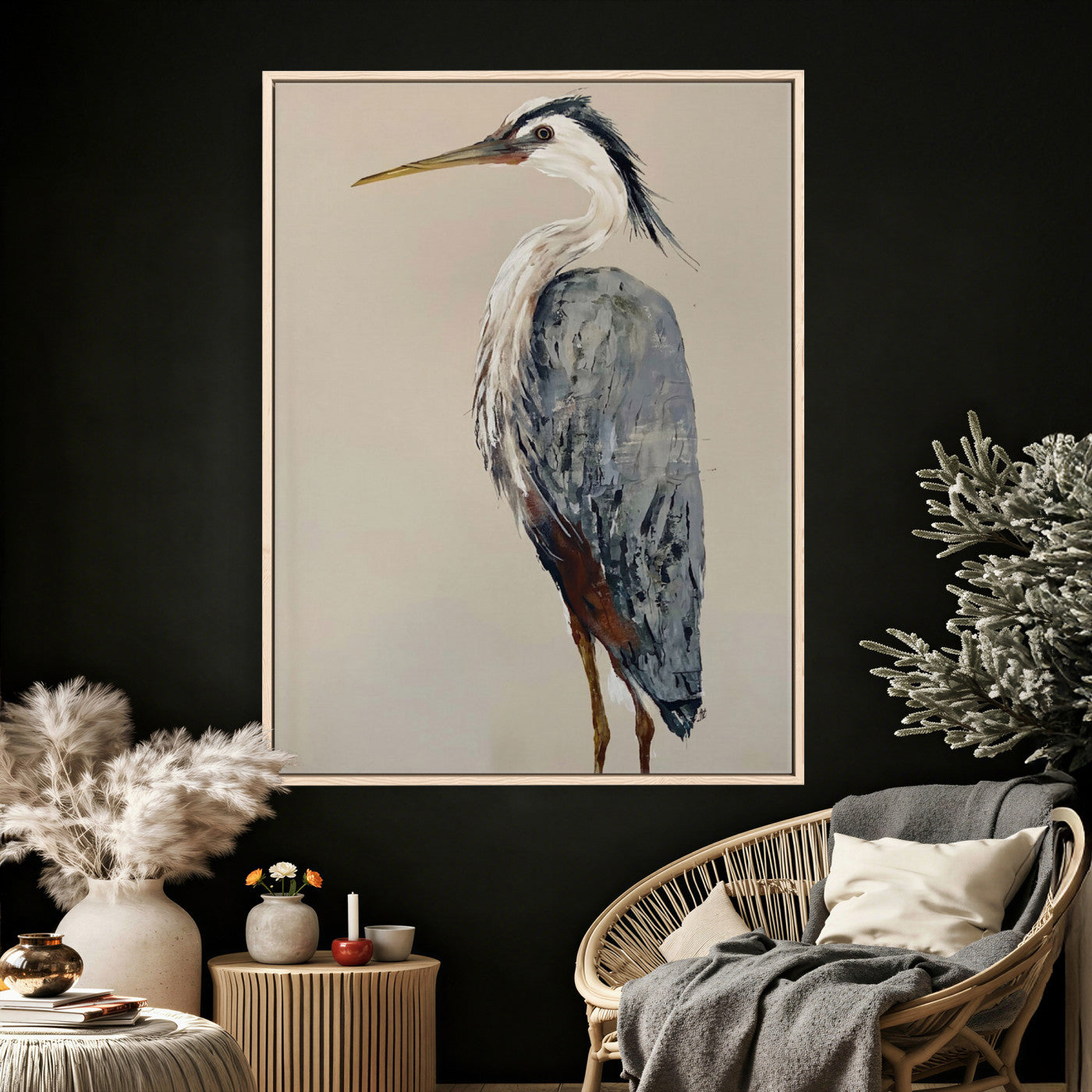 80349996-MGV-TP-24X36 - Great Blue Heron Canvas Wall Art - Coastal Bird Oil Painting Print for Home Wall Decor