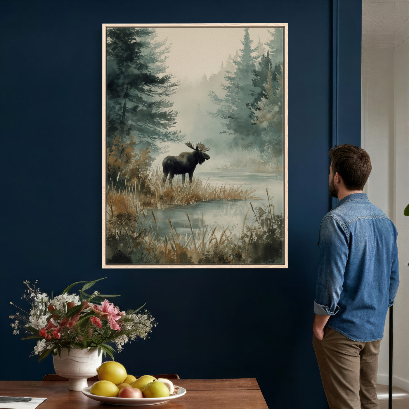 78345154-MGV-CV-24X36 - Watercolor Abstract Moose Forest Wall Art Canvas Print – Wildlife Nature Artwork Print for Living Room, Cabin, and Office Decor