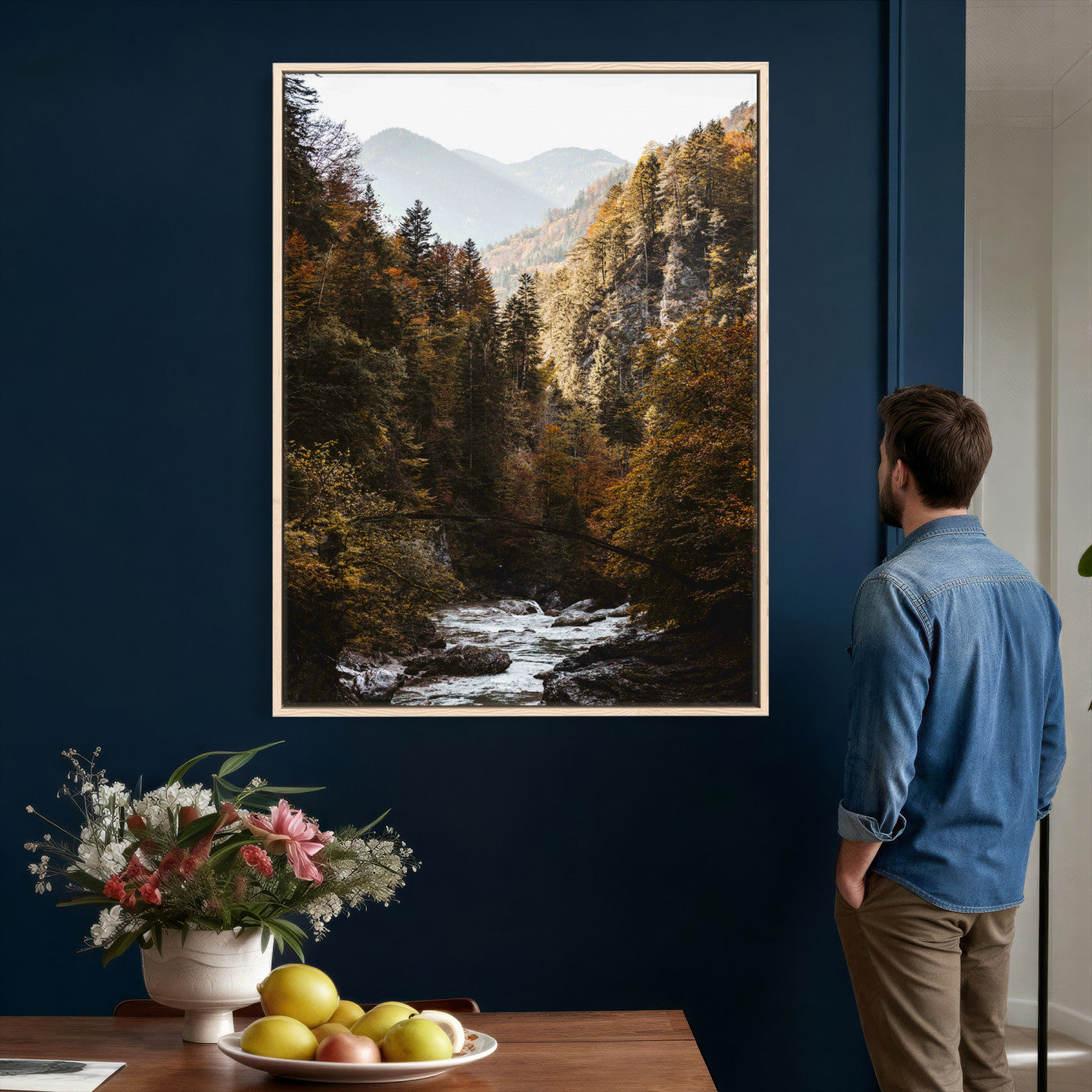73651627-MGV-CV-24X36 - Autumn Forest Mountain Wall Art Canvas Print, Nature Landscape Wall Decor, Scenic River Forest Artwork, Rustic Woodland Canvas Wall Art, Framed Canvas Wall Art Ready to Hangq