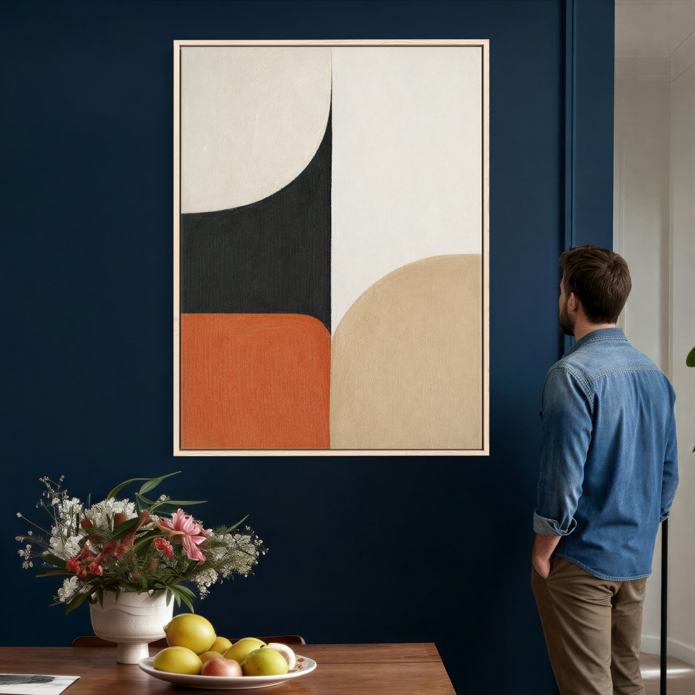 38800649-MGV-CV-24X36 - Geometric Abstract Wall Art Canvas Print, Orange Blue Abstract Expressionist Painting Print, Modern Geometric Abstract Canvas Art