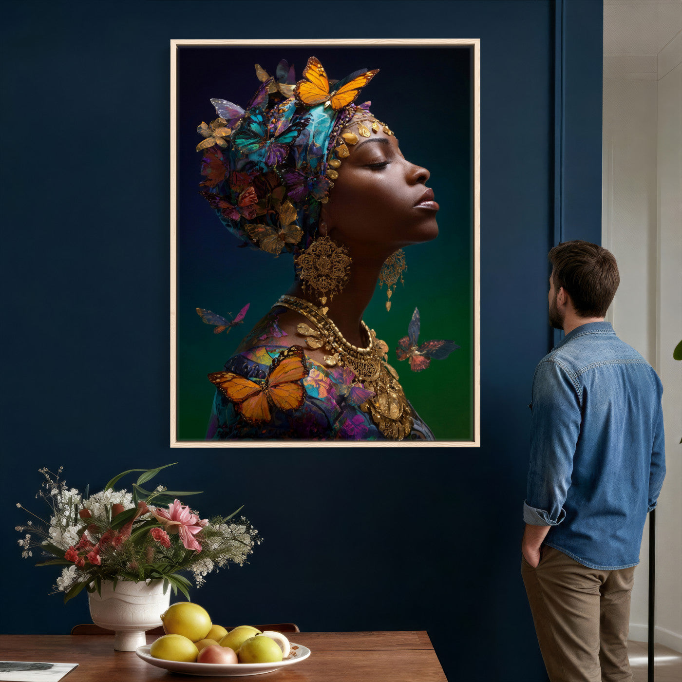 620930SZC0-MGV-CV-24X36 - Butterfly Crown Gold Woman Portrait — Monarch Queen Canvas Print | Teal Dark Fantasy Art | Boho Bedroom Wall Decor | Empowerment Gift Her