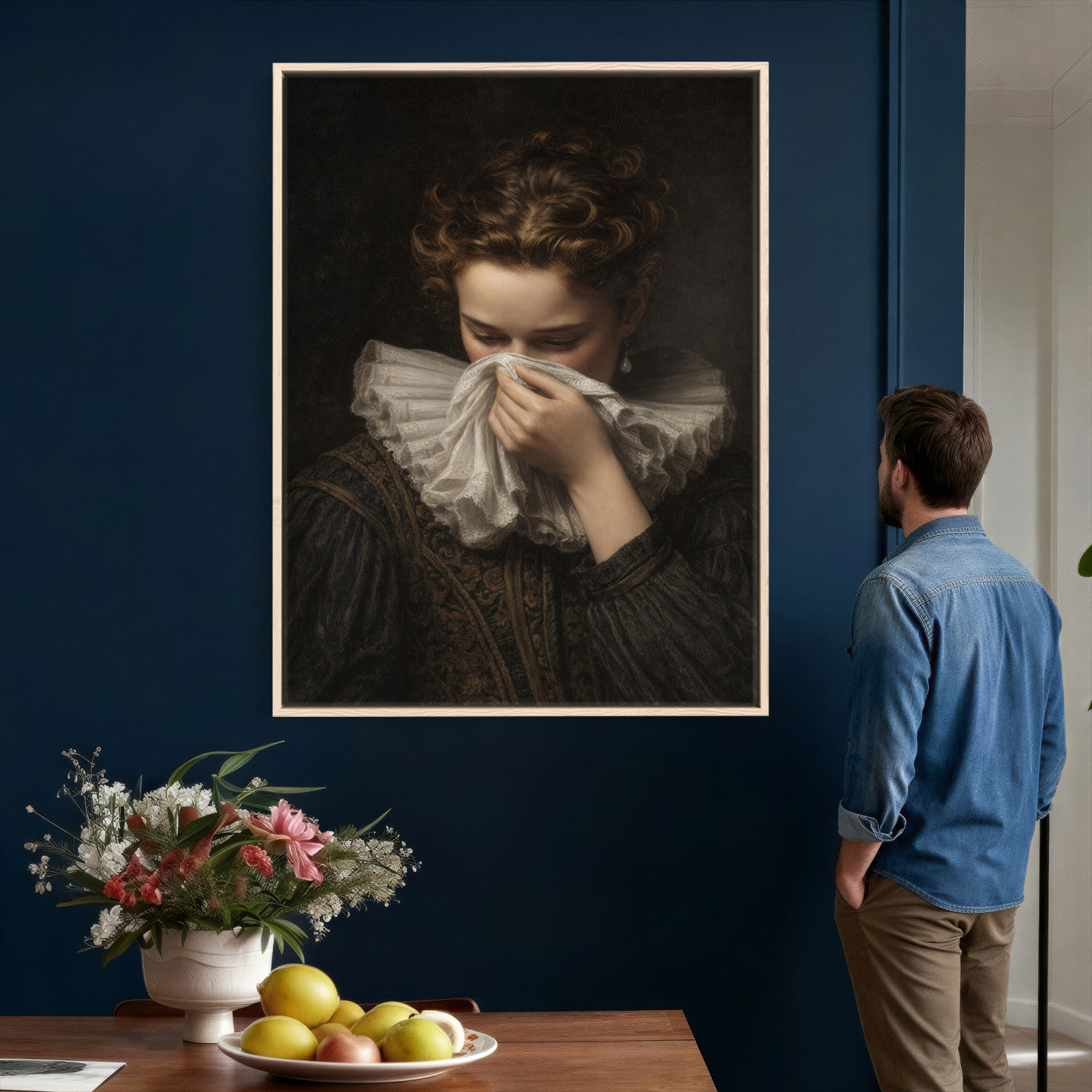 62652430-MGV-CV-24X36 - Baroque Portrait Canvas Wall Art, Flemish Woman with Lace Collar Print for Bathroom Wall Art, Funny Toilet Decor, Renaissance Style Portrait, Moody Vintage Wall Art