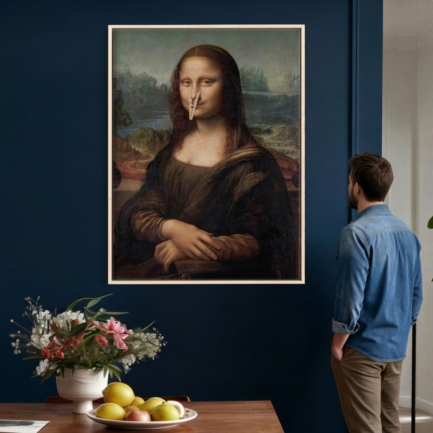 59125950-MGV-CV-24X36 - Funny Bathroom Canvas Wall Art Print, Mona Lisa Clothespin Nose Humor Decor, Classic Art Parody, Toilet Room Wall Art, Quirky Housewarming Gift, Eclectic Home Decor