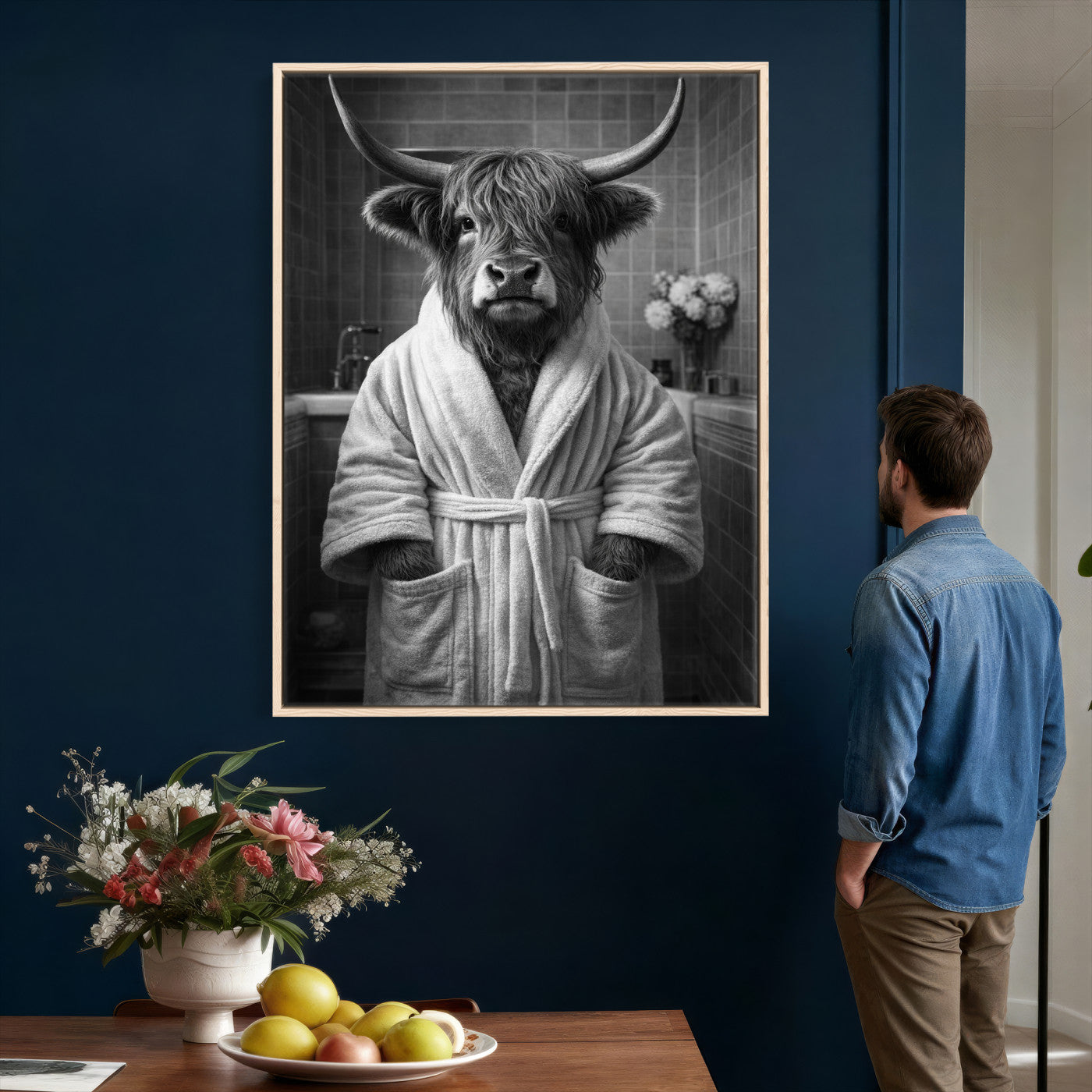 98453723-MGV-CV-24X36 - Funny Bathroom Wall Art Canvas Print, Highland Cow in Bathrobe, Black and White Humor Decor, Animal Bathroom Print, Farmhouse Bathroom Art
