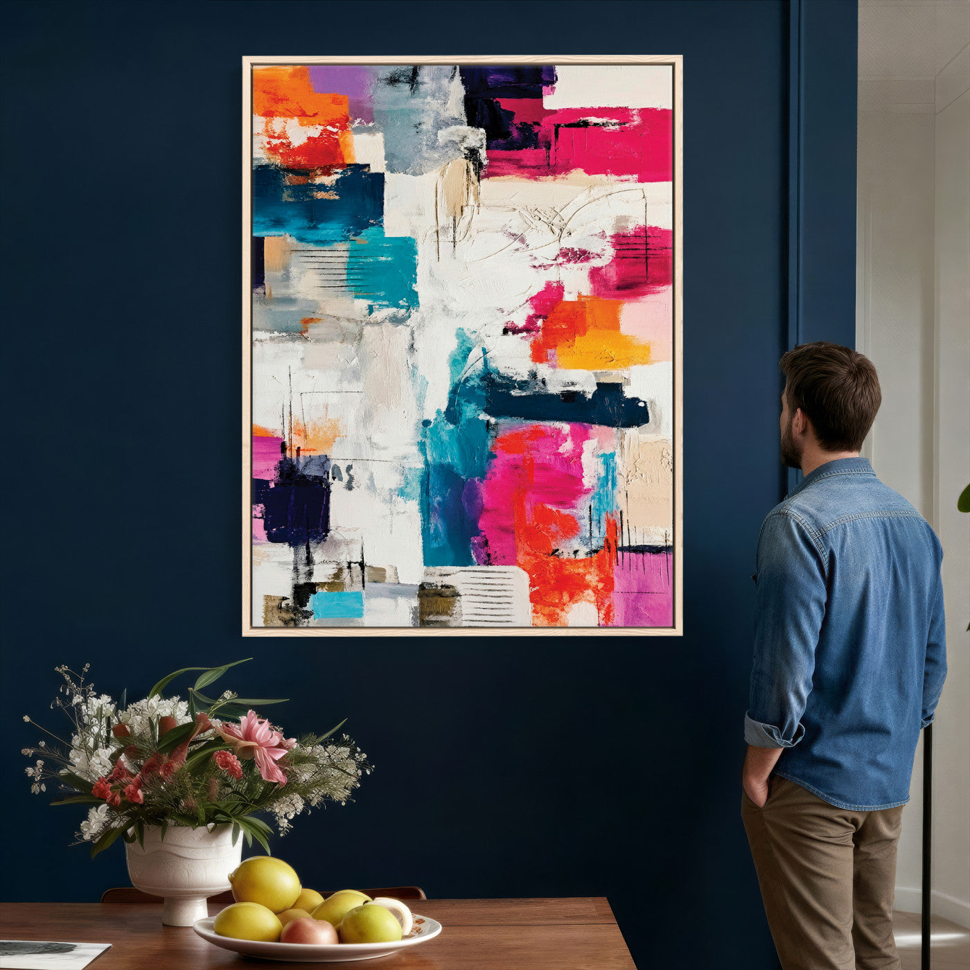 83175929-MGV-CV-24X36 - Blue Teal Abstract Canvas Wall Art Print - Modern Textured Painting Print, Navy Orange White Contemporary Art, Neutral Living Room Decor, Office Art