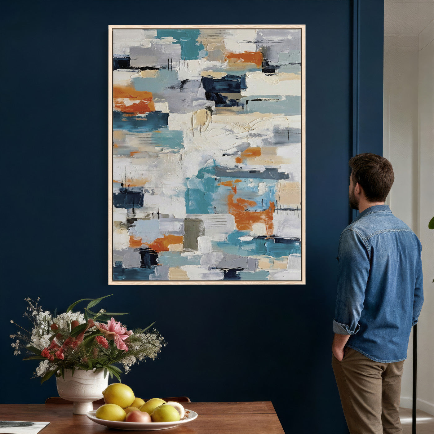 74742966-MGV-CV-24X36 - Blue Teal Abstract Canvas Wall Art, Modern Textured Painting Print, Navy Orange White Contemporary Art, Neutral Living Room Decor, Office Art