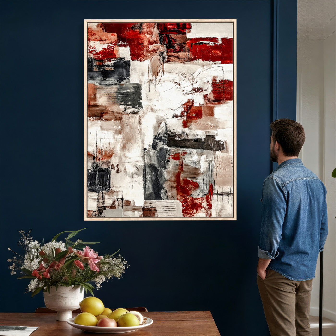 23953633-MGV-CV-24X36 - Blue Teal Abstract Canvas Wall Art | Modern Textured Painting Print, Navy Orange White Contemporary Art, Neutral Living Room Decor, Office Art