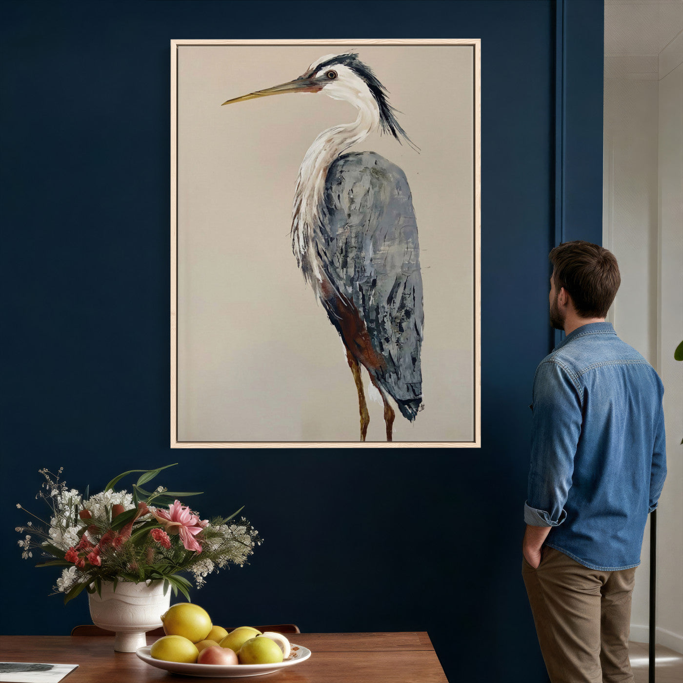 80349996-MGV-TP-24X36 - Great Blue Heron Canvas Wall Art - Coastal Bird Oil Painting Print for Home Wall Decor