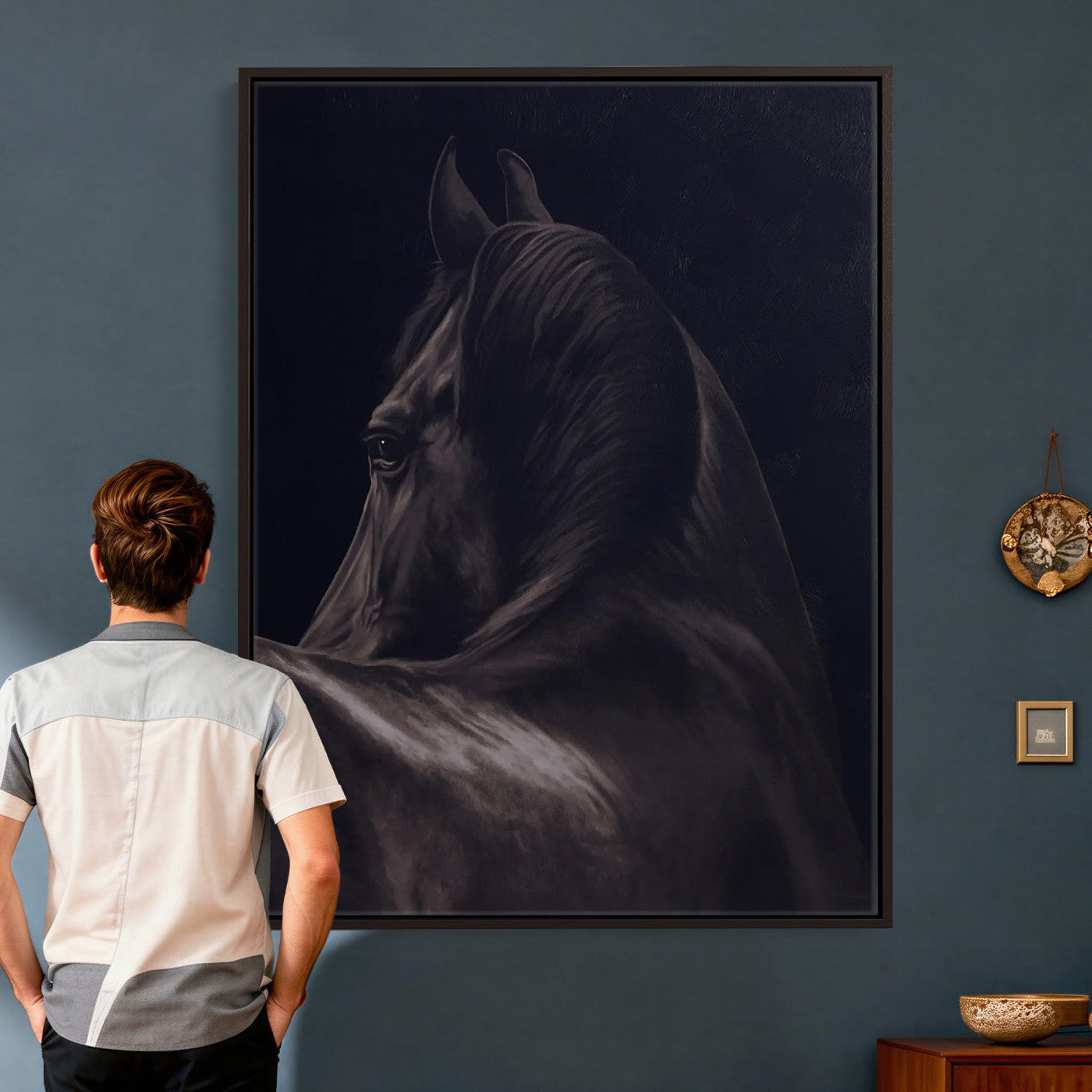 77538596-MGV-CV-24X36 - Dark Horse Wall Art – Majestic Silhouette Canvas Print, Sleek Mane, Graceful Strength, Elegant Equine Form, Timeless Beauty Decor for Home or Office