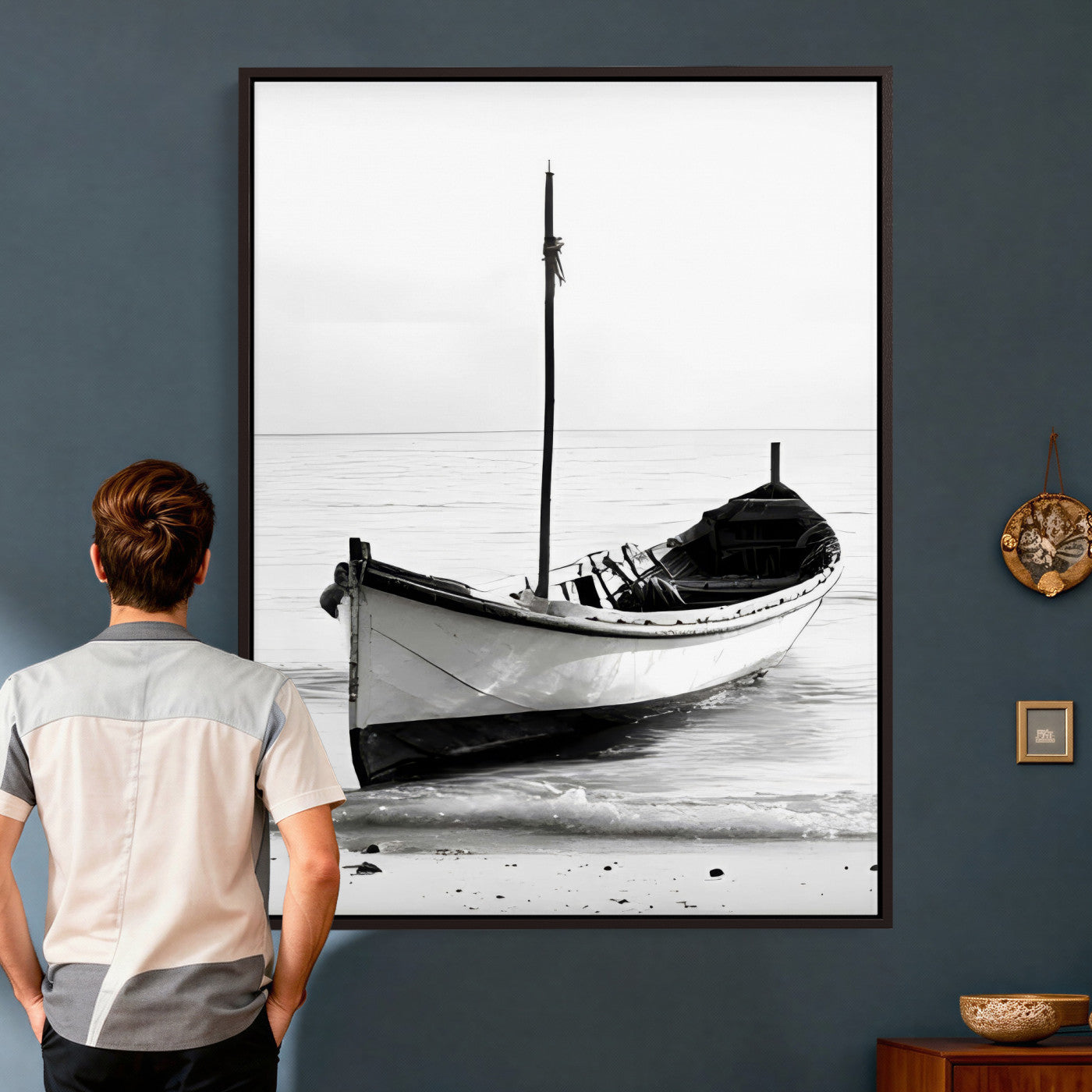 13080776-MGV-CV-24X36 - Minimal Boat Wall Art Canvas Print – Black and White Coastal Photography Artwork Print for Living Room, Bedroom, and Office Decor