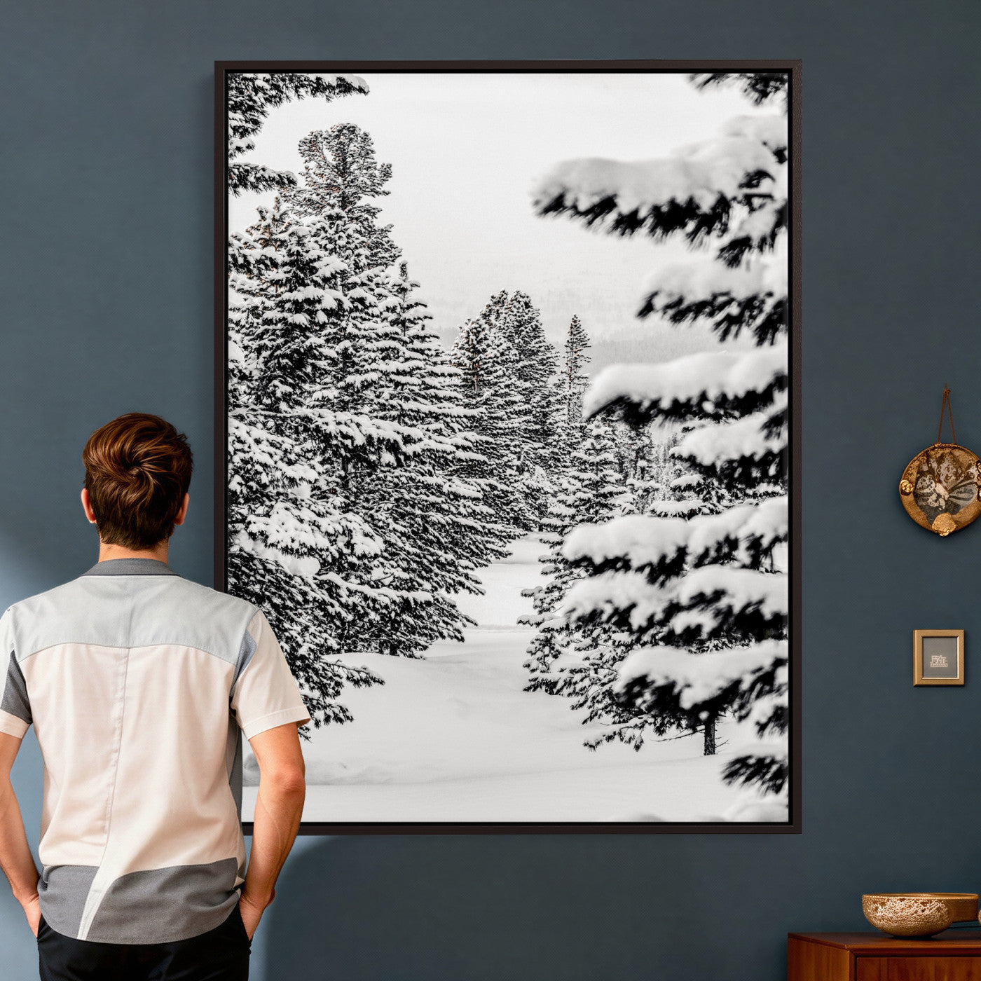 42534505-MGV-CV-24X36 - Snowy Pine Forest Wall Art Canvas Print, Minimal Winter Woodland Landscape, Black and White Nature Artwork