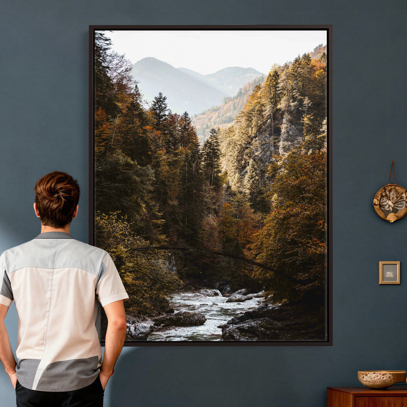 73651627-MGV-CV-24X36 - Autumn Forest Mountain Wall Art Canvas Print, Nature Landscape Wall Decor, Scenic River Forest Artwork, Rustic Woodland Canvas Wall Art, Framed Canvas Wall Art Ready to Hangq