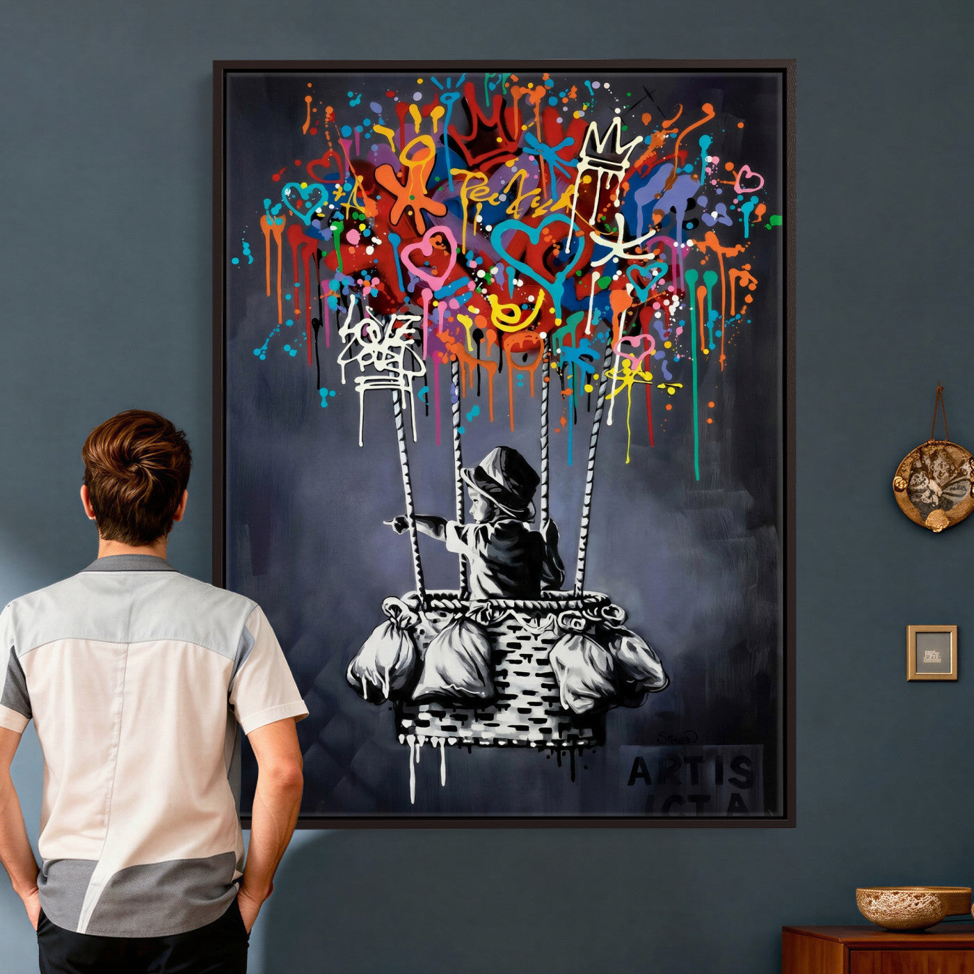 87352999-MGV-CV-24X36 - Banksy Inspired Boy Swing Wall Art Canvas Print, Graffiti Balloon Hearts Street Art, Colorful Urban Mural Artwork for Modern Living Room Decor