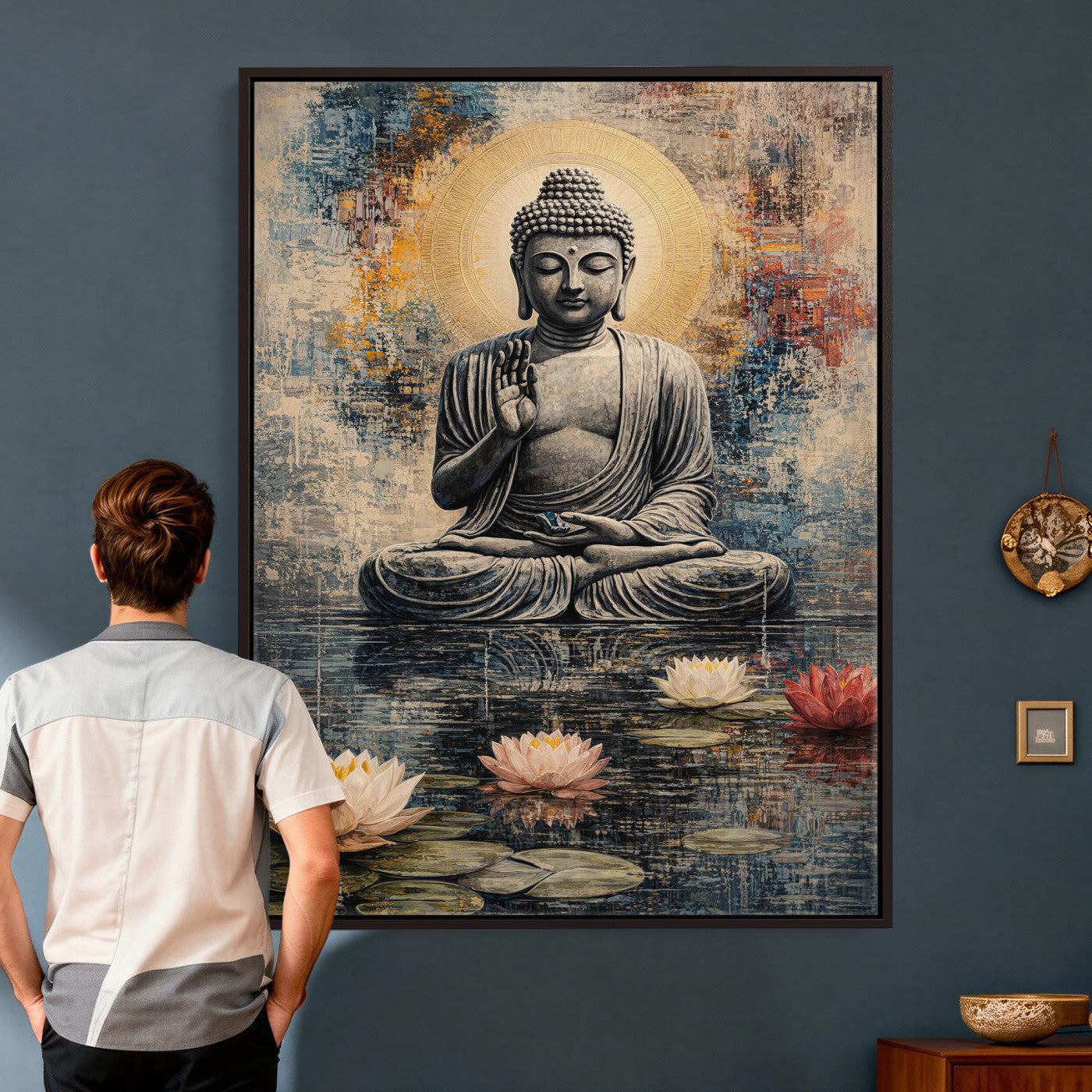 3812625445543-MGV-CV-24X36 - Serene Buddha with Lotus Flowers | Tranquil Meditation Art | Zen Wall Decor for Mindful Living Spaces | Spiritual Canvas Print