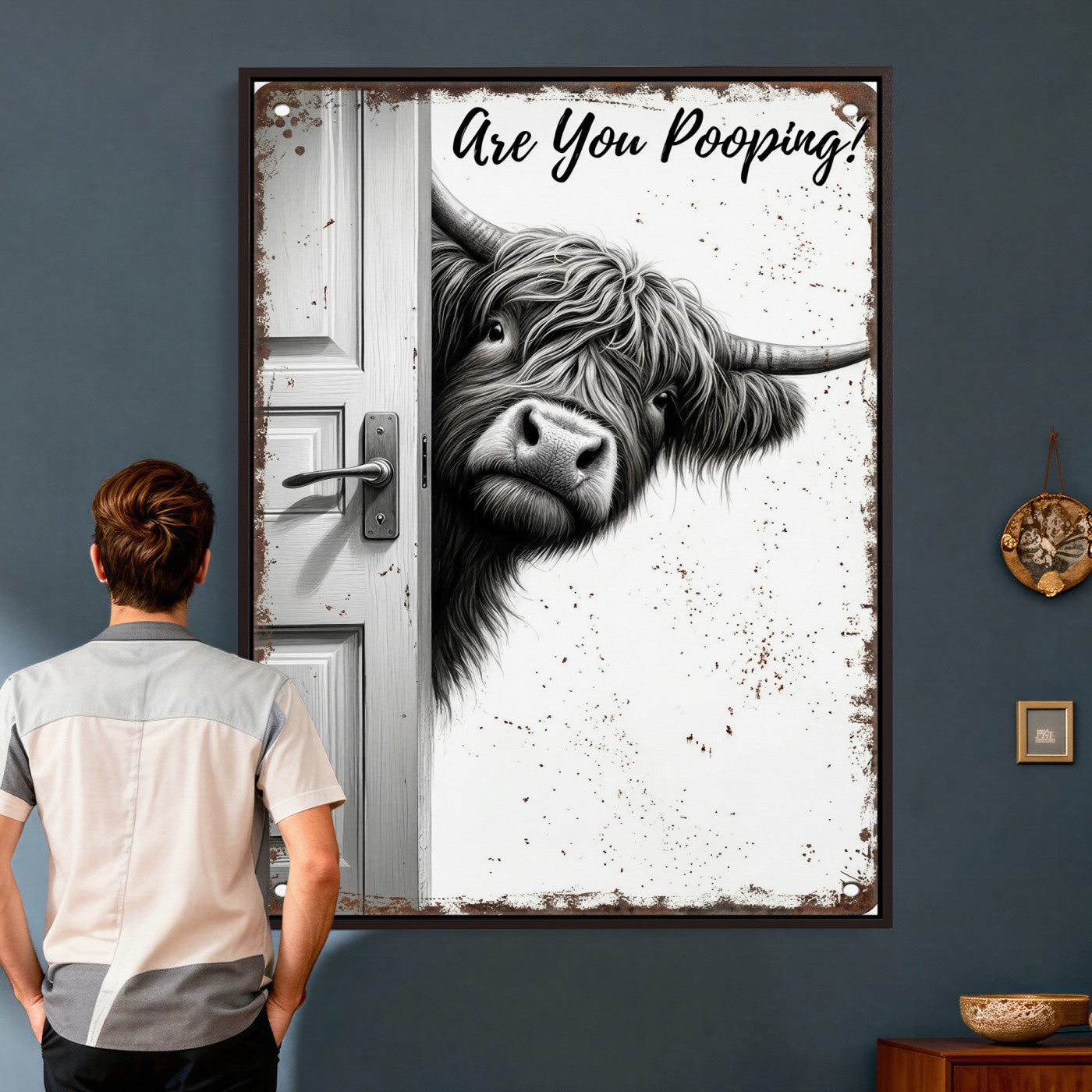8151788G6-MGV-CV-24X36 - Funny Highland Cow Bathroom Wall Art Canvas Print, Are You Pooping Cow Sign, Rustic Farmhouse Bathroom Decor