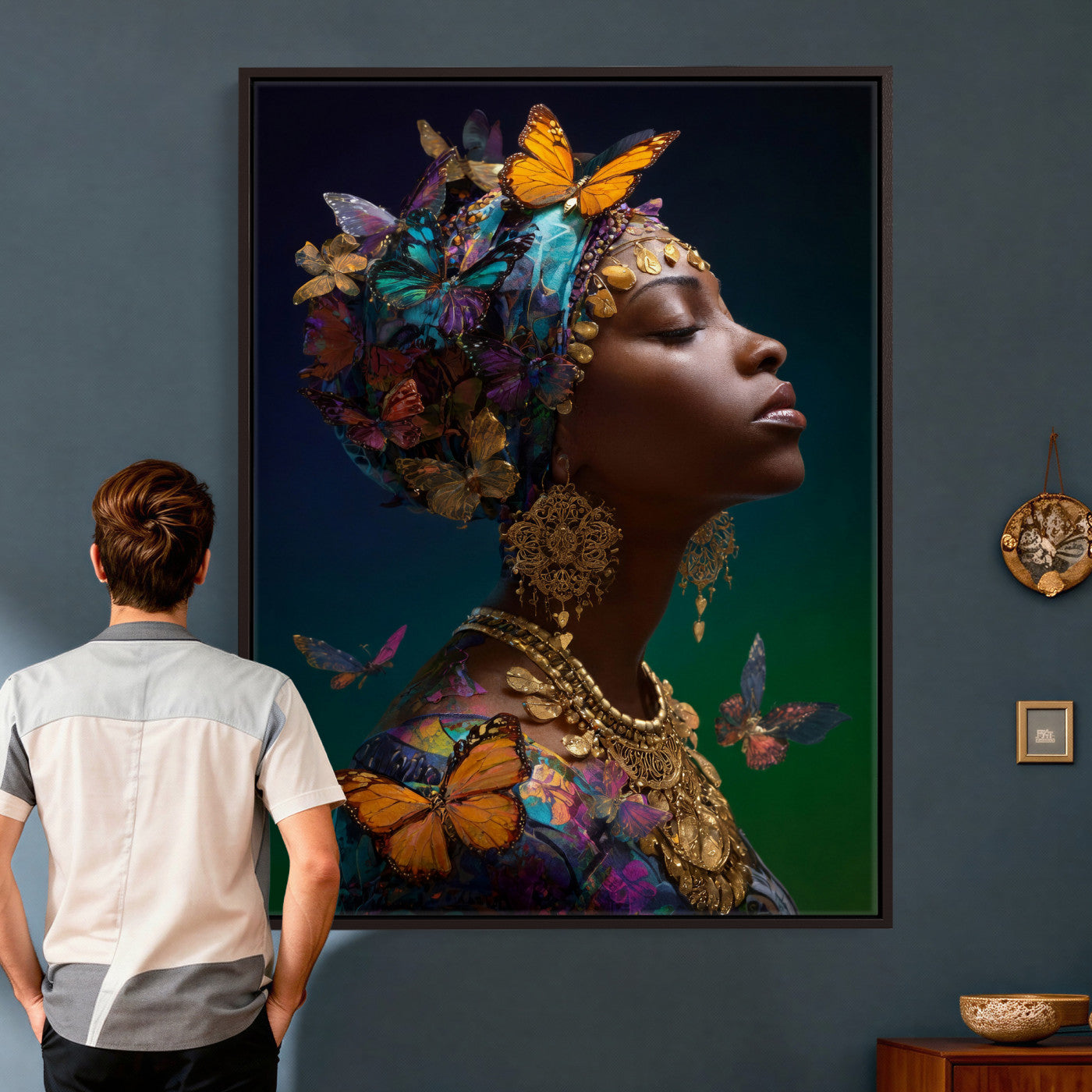 620930SZC0-MGV-CV-24X36 - Butterfly Crown Gold Woman Portrait — Monarch Queen Canvas Print | Teal Dark Fantasy Art | Boho Bedroom Wall Decor | Empowerment Gift Her