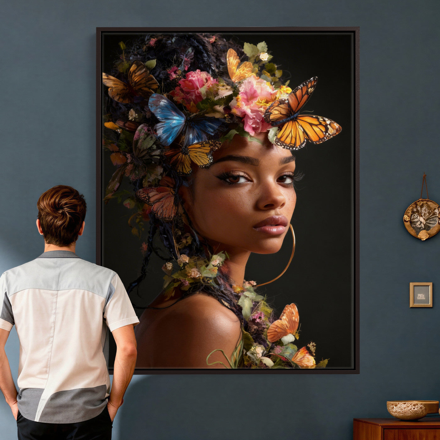 620930SZC10-MGV-CV-24X36 - Butterfly Crown Gold Woman Portrait — Monarch Queen Canvas Print | Teal Dark Fantasy Art | Boho Bedroom Wall Decor | Empowerment Gift Her