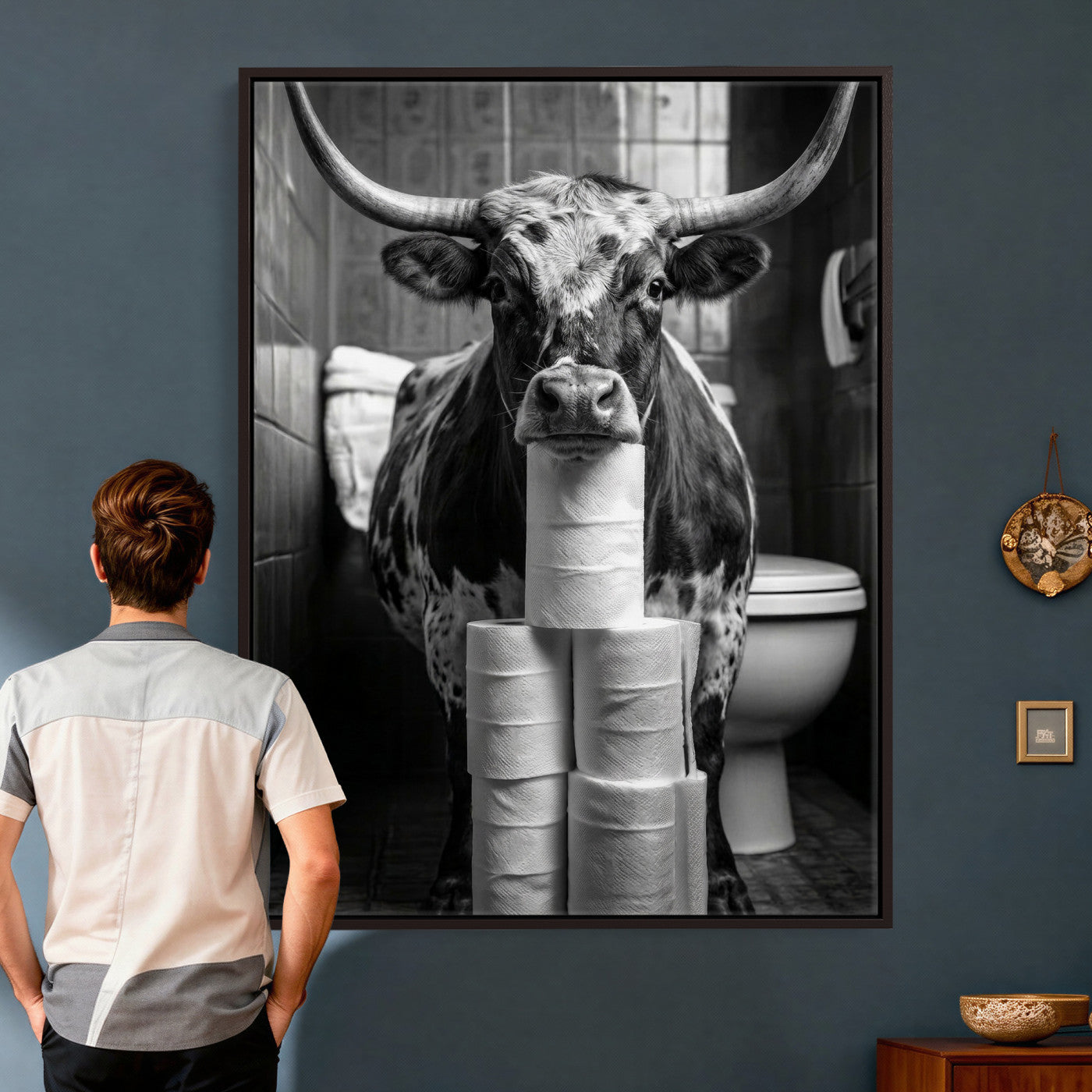79259956-MGV-CV-24X36 - Texas Longhorn Cow Toilet Paper Canvas Wall Art, Funny Bathroom Black White Print, Cute Animal Humor Decor, Quirky Farmhouse Bathroom Art, Cow Lover Gift