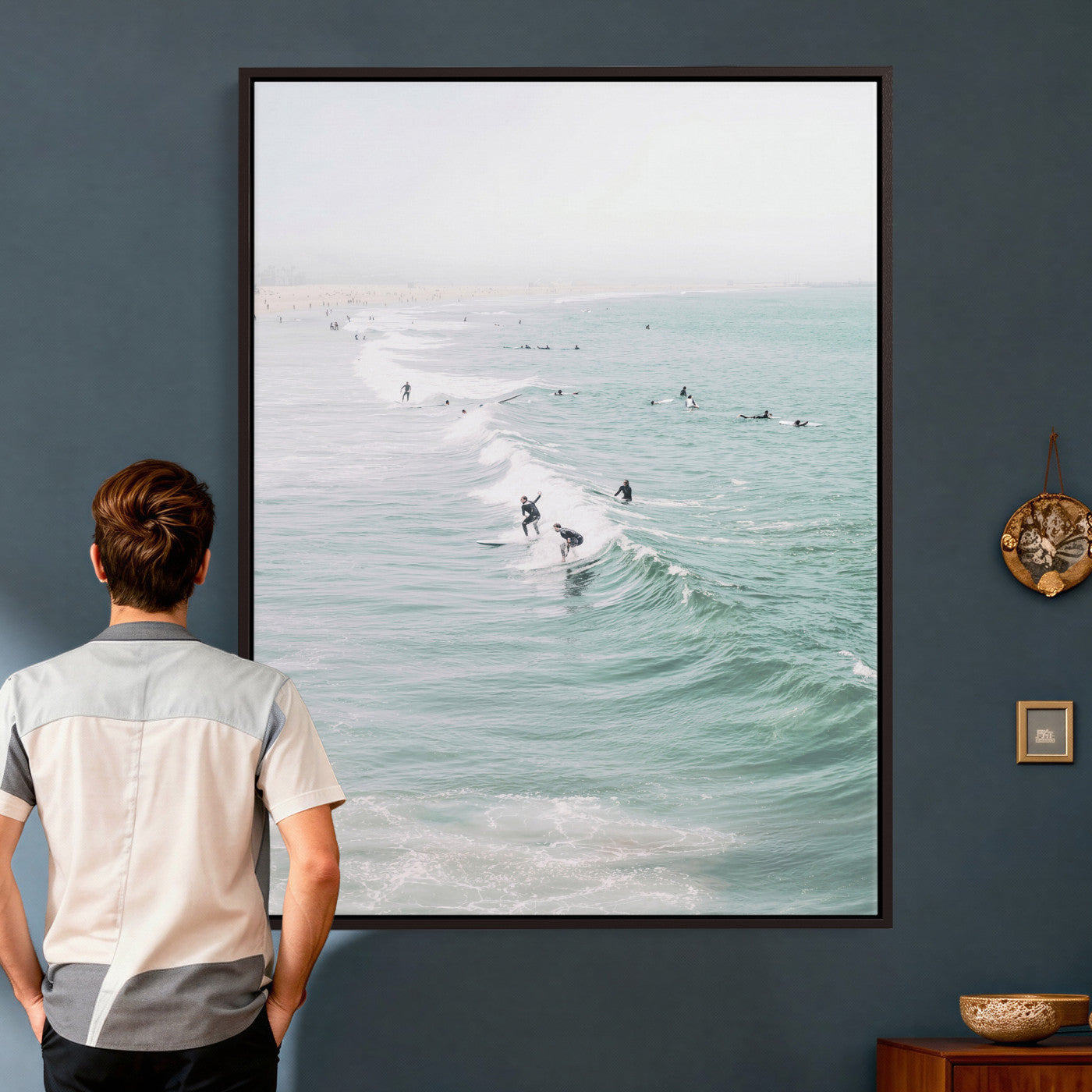 58043762-MGV-CV-24X36 - Surfers on Waves Canvas Wall Art, Aerial Ocean Photography Print, Mint Green Surf Decor, California Beach House Art, Coastal Sports Wall Decor
