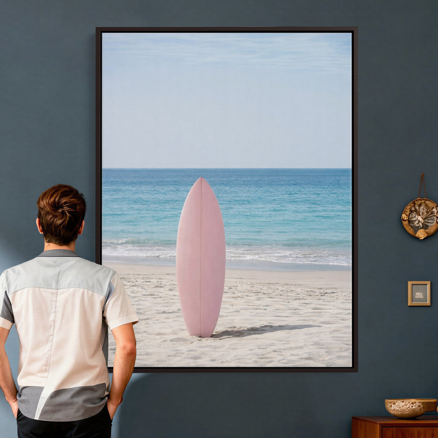 17265103-MGV-CV-24X36 - Pink Surfboard Canvas Wall Art, Minimalist Beach Photography Print, Pastel Ocean Coastal Decor, Girl Beach Room Art, Aesthetic Summer Wall Print