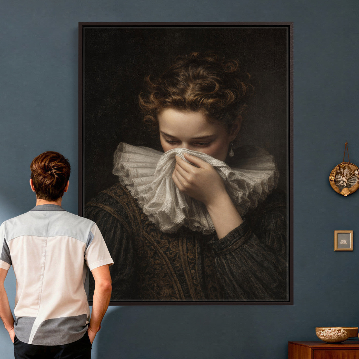 62652430-MGV-CV-24X36 - Baroque Portrait Canvas Wall Art, Flemish Woman with Lace Collar Print for Bathroom Wall Art, Funny Toilet Decor, Renaissance Style Portrait, Moody Vintage Wall Art