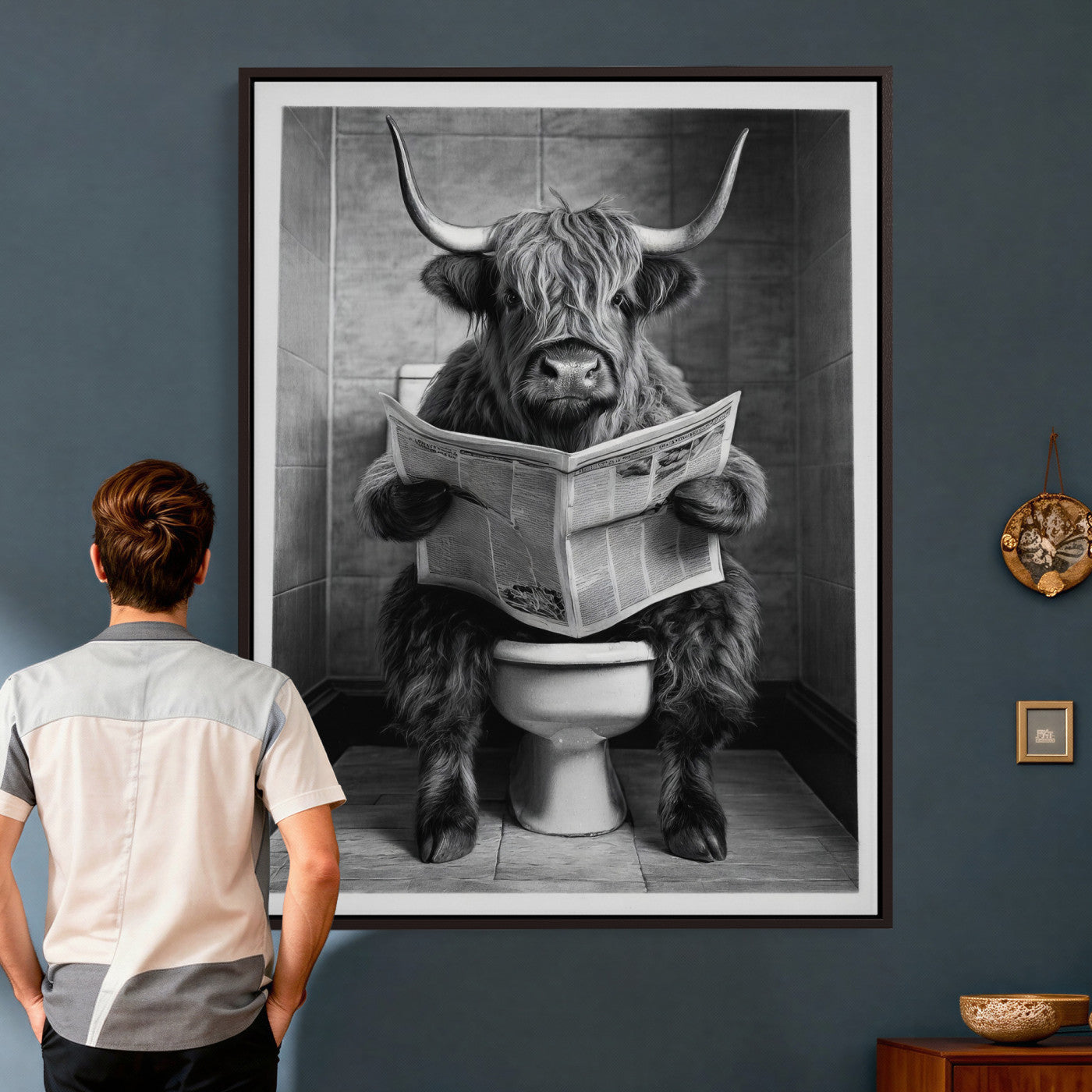 56930218-MGV-CV-24X36 - Funny Bathroom Canvas Wall Art, Texas Longhorn on Toilet Reading Newspaper, Humor Animal Print, Farmhouse Bathroom Decor, Quirky Cow Gift, Toilet Room Art