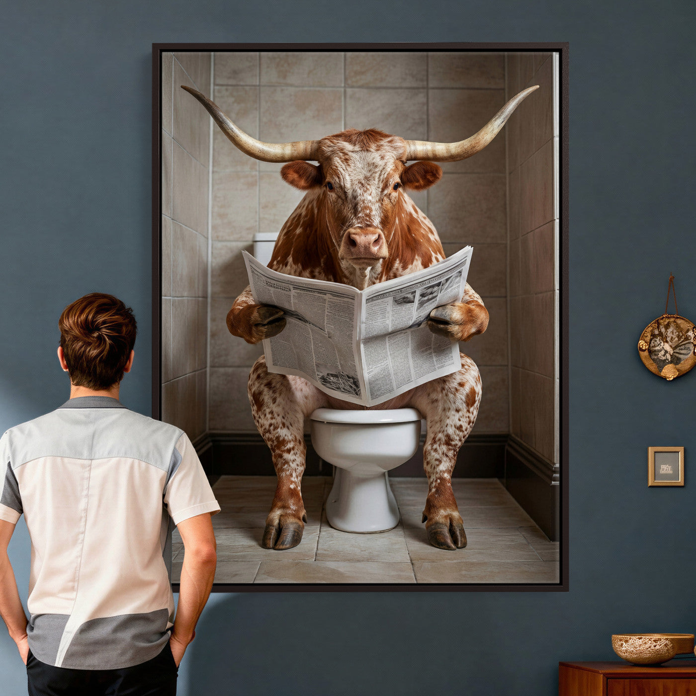 17728527-MGV-CV-24X36 - Funny Bathroom Canvas Wall Art, Texas Longhorn on Toilet Reading Newspaper, Humor Animal Print, Farmhouse Bathroom Decor, Quirky Cow Gift, Toilet Room Art