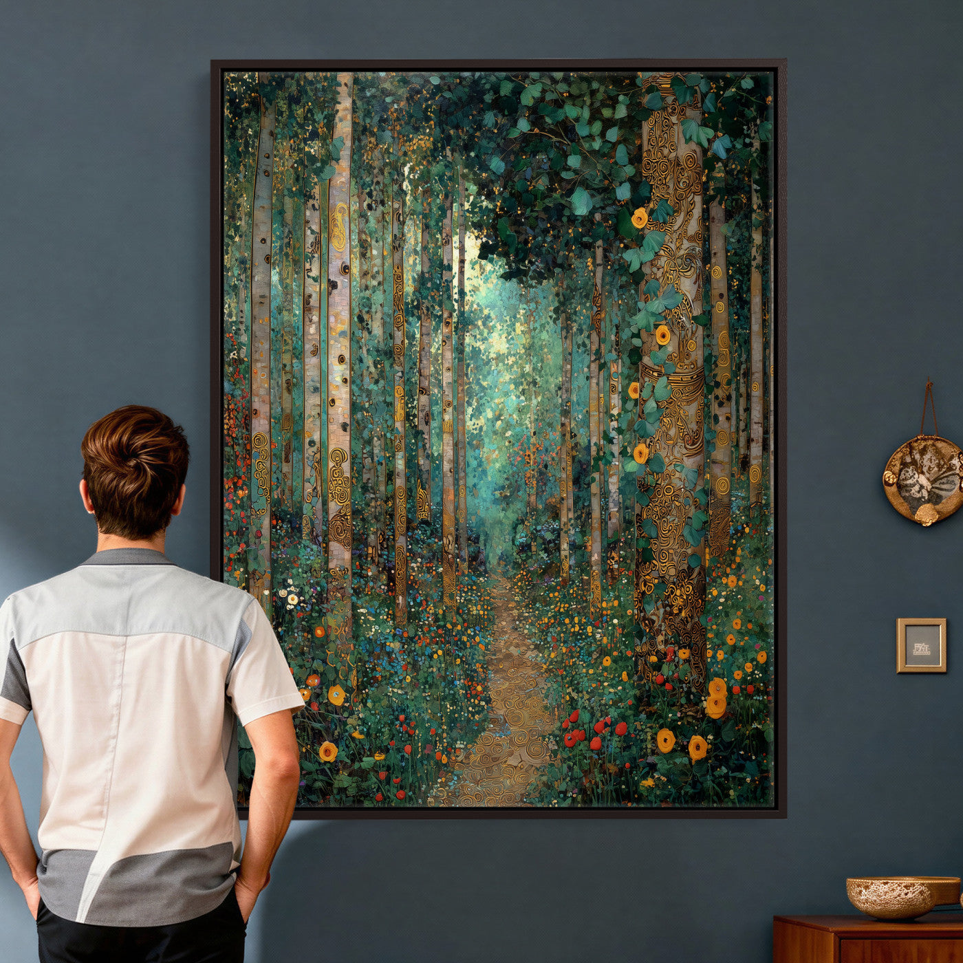 76587981-MGV-CV-24X36 - Gustav Klimt Style Forest Canvas Wall Art, Golden Forest Path Floral Art Nouveau Print, Enchanted Woodland Decor, Maximalist Colorful Nature Art