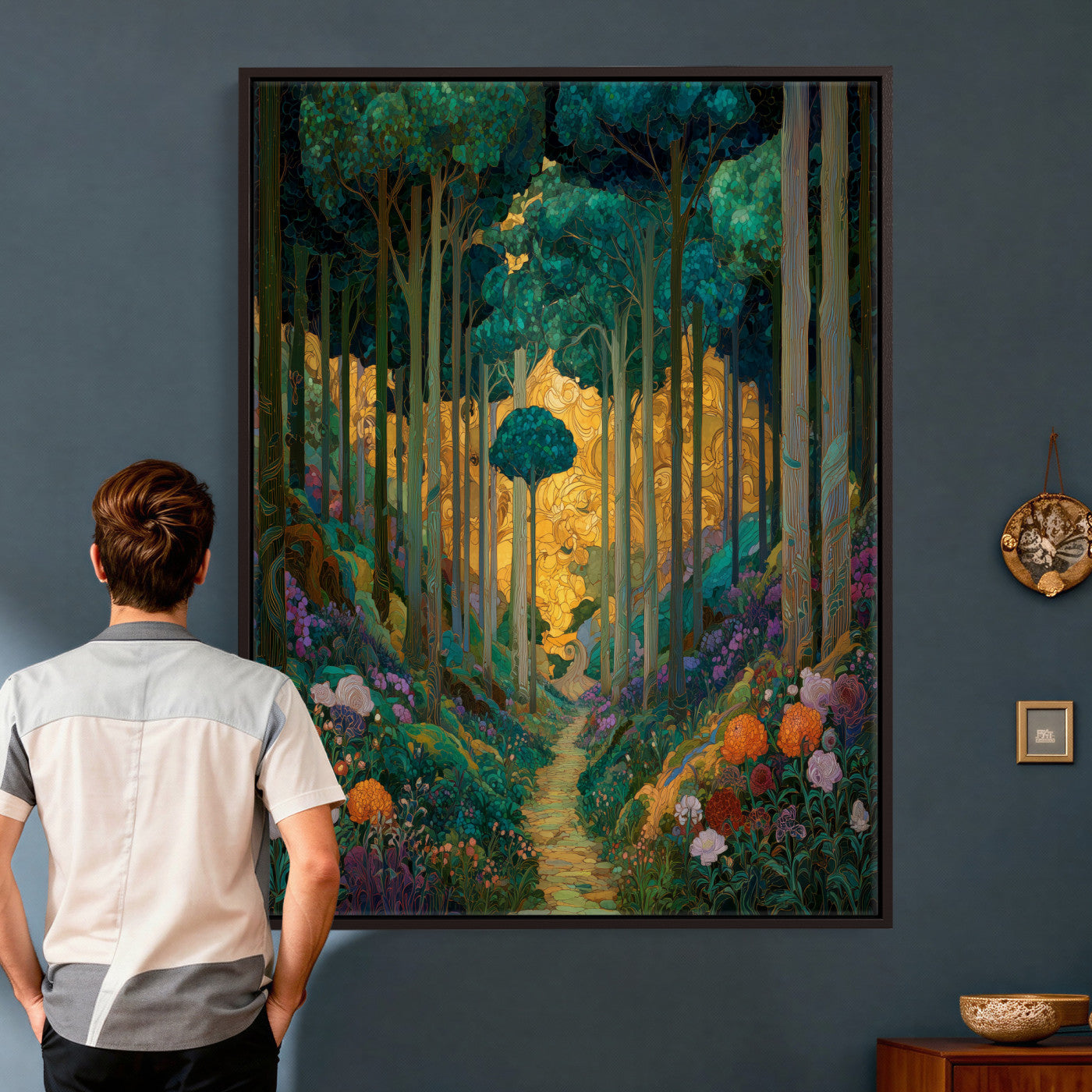 70159913-MGV-CV-24X36 - Gustav Klimt Style Forest Canvas Wall Art, Golden Forest Path Floral Art Nouveau Print, Enchanted Woodland Decor, Maximalist Colorful Nature Art
