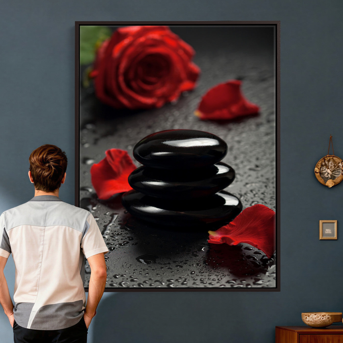 37334763-MGV-CV-24X36 - Black Lava Stone Rose Canvas | Red Rose Spa Photography Print | Stacked Stones Dark Luxury Wall Art | Dramatic Bathroom Decor