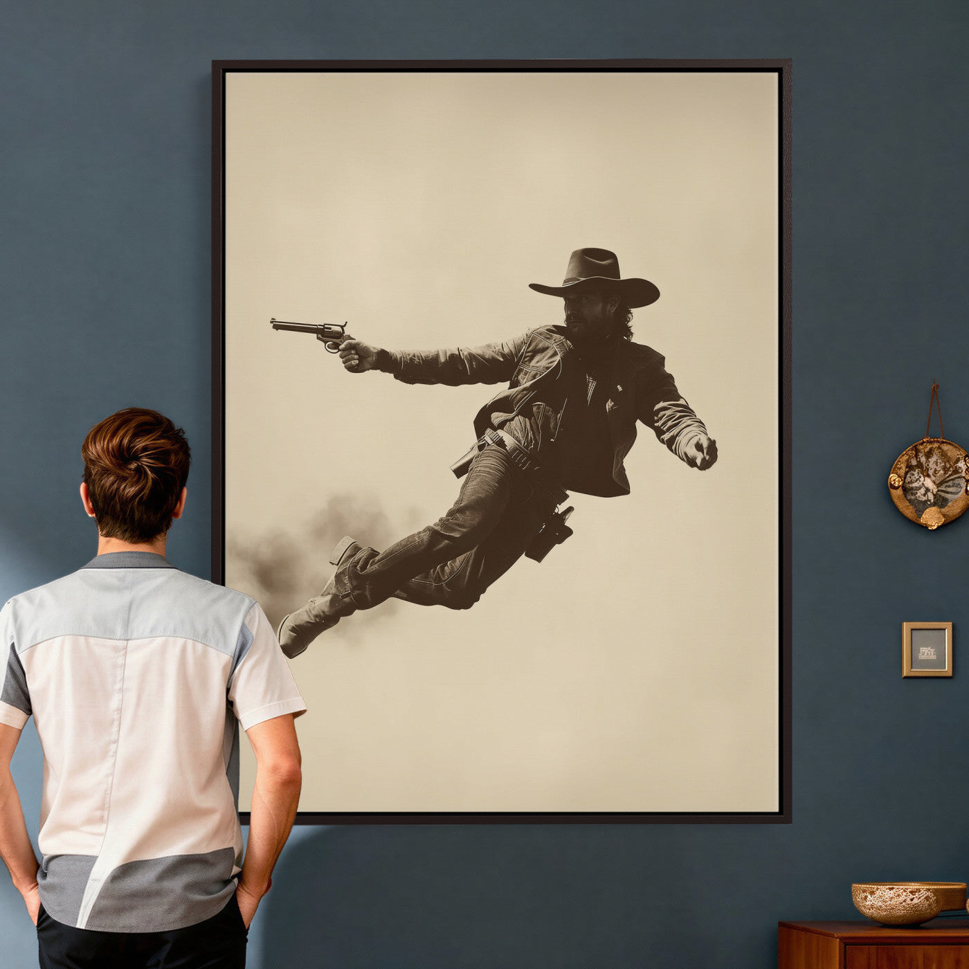 11948430CW-MGV-CV-24X36 - Cowboy Canvas Wall Art, Western Gunslinger Sepia Photo Print, Vintage Rustic Man Cave Decor, Wild West Cinematic Art, Living Room Wall Art