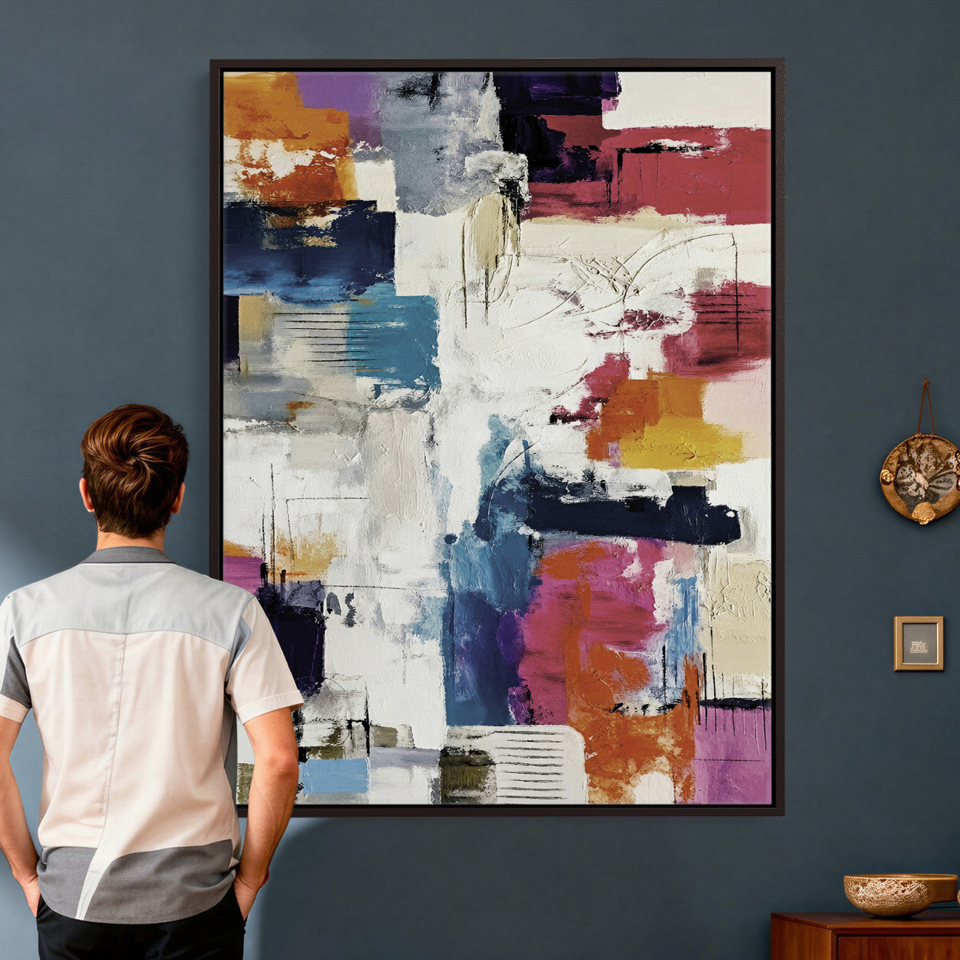 83175929-MGV-CV-24X36 - Blue Teal Abstract Canvas Wall Art, Modern Textured Painting Print, Navy Orange White Contemporary Art, Neutral Living Room Decor, Office Art