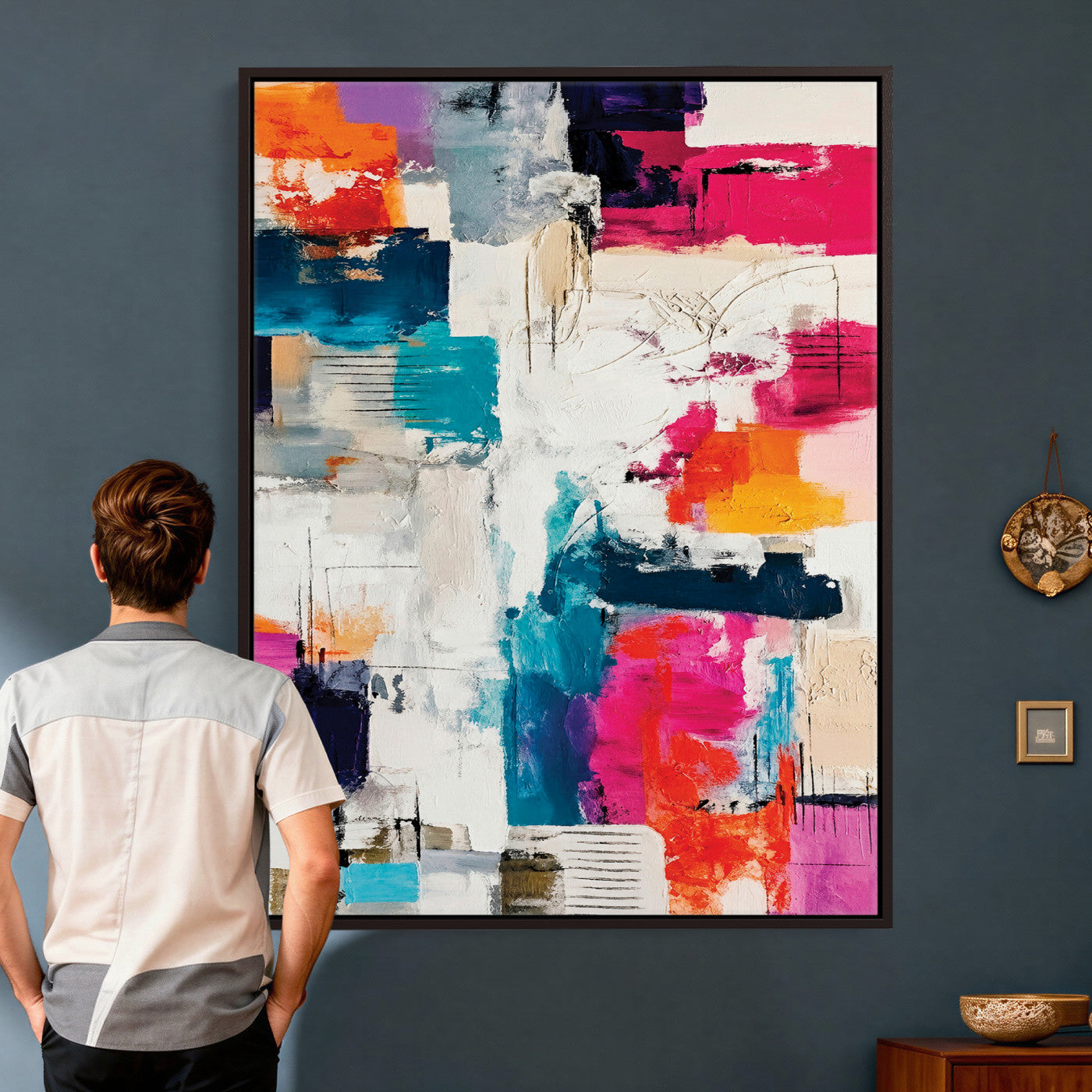 83175929-MGV-CV-24X36 - Blue Teal Abstract Canvas Wall Art Print - Modern Textured Painting Print, Navy Orange White Contemporary Art, Neutral Living Room Decor, Office Art